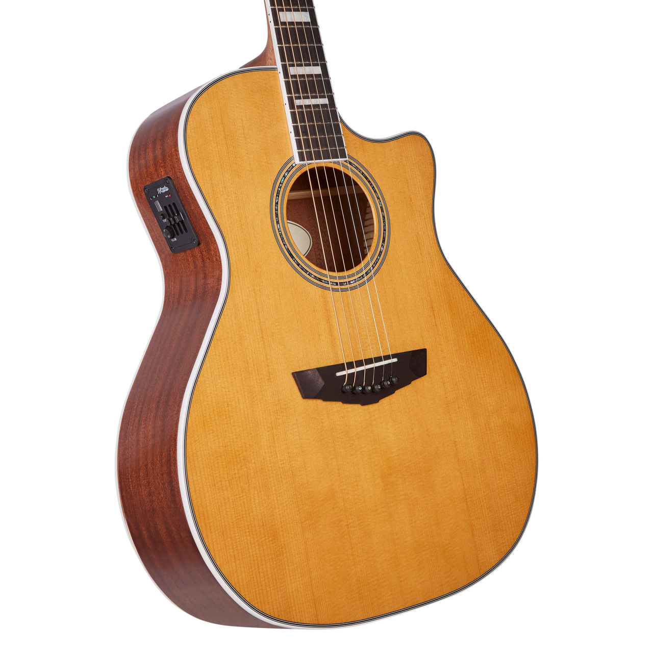Dâ€™Angelico Gramercy Grand Auditorium CE - Vintage Natural Bundle (DAPG200VNATAPS) featuring a grand auditorium body, cutaway design, onboard electronics, natural wood finish.