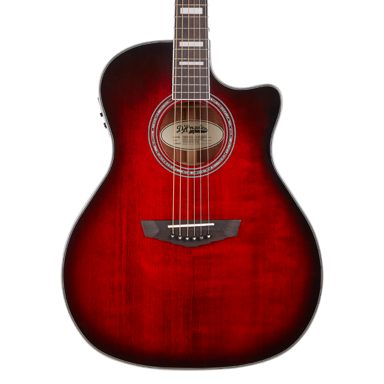 Dâ€™Angelico Gramercy Grand Auditorium CE - Trans Cherry Burst (DAPG200TBCBAPS) featuring a grand auditorium body, cutaway design, Trans Cherry Burst finish, onboard electronics.