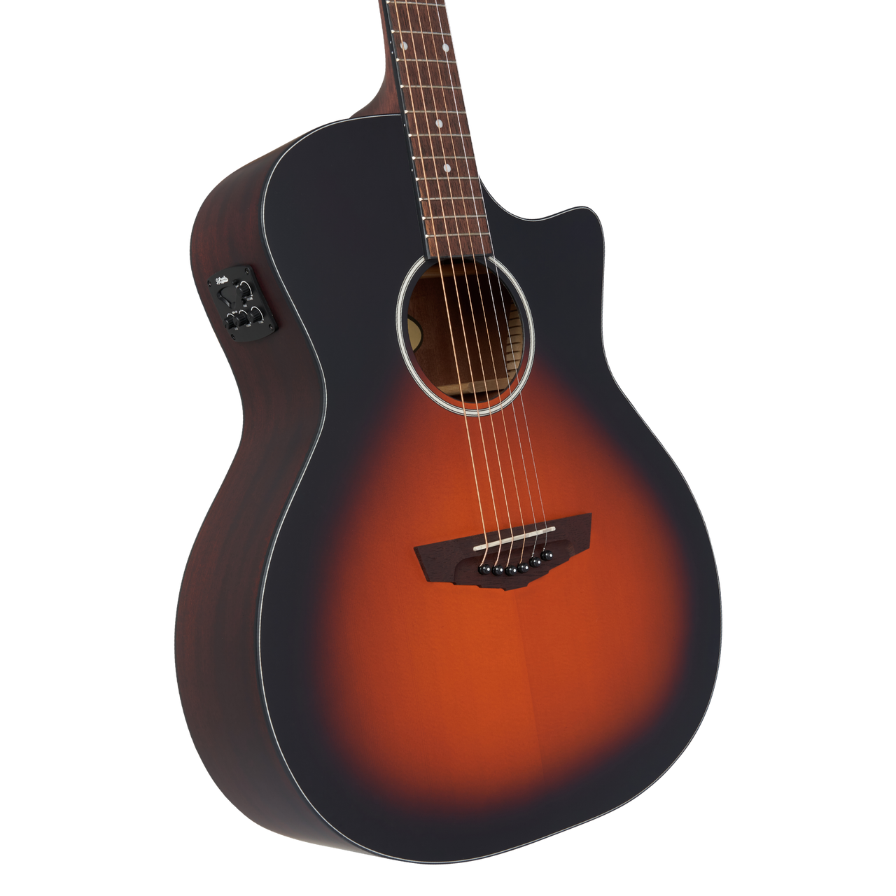 D’Angelico Gramercy LS Grand Auditorium CE – Satin Vintage Sunburst Bundle (DAPLSG200SVSBCP) featuring a satin vintage sunburst finish, LS grand auditorium body, cutaway design, onboard electronics, and included hard case and guitar strap.