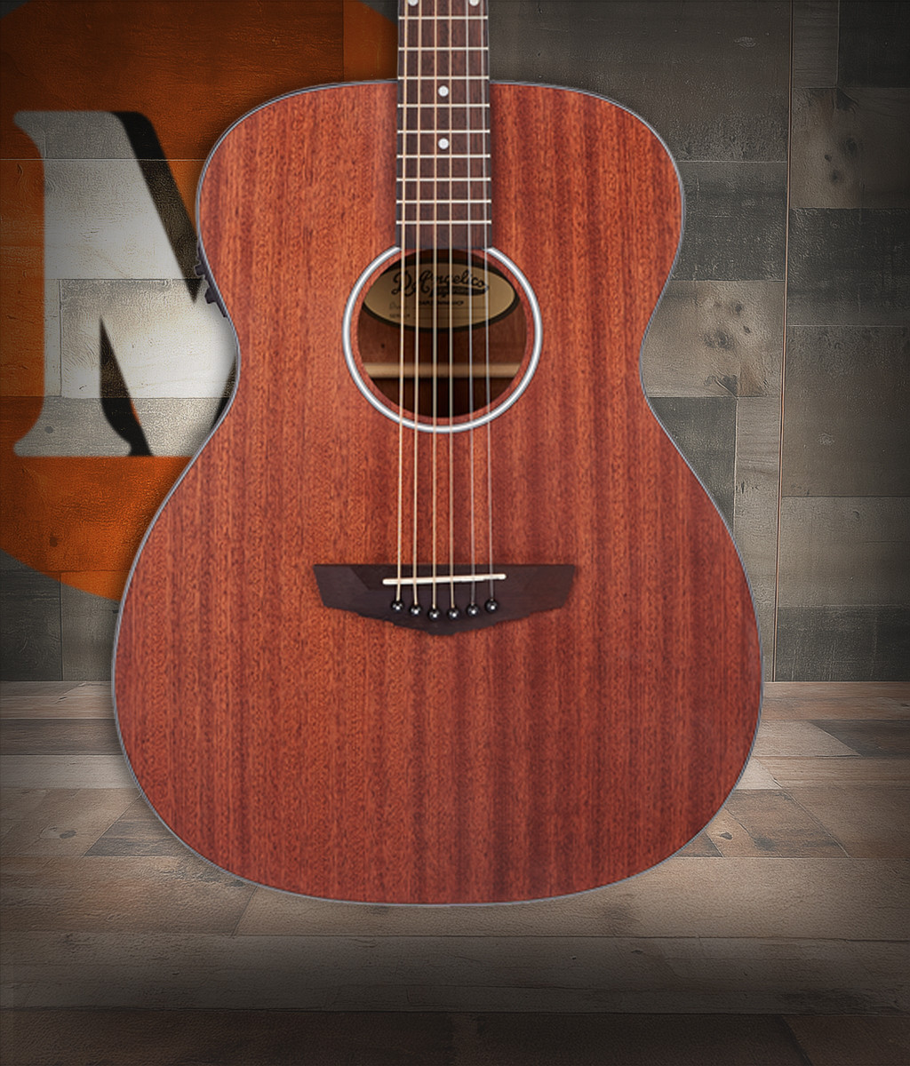 Dâ€™Angelico Tammany LS Orchestra E - Mahogany Satin Bundle (DAPLSOMMAHCP) featuring an LS orchestra body, satin mahogany finish, cutaway design, onboard electronics, and an included hard case and guitar strap.