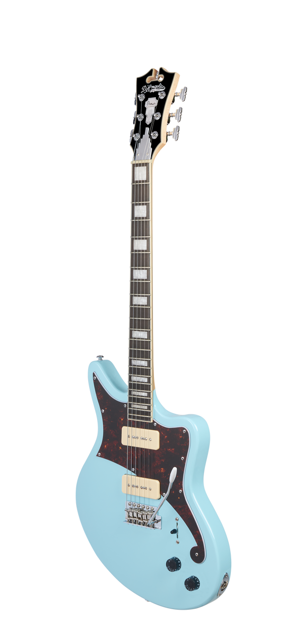 Dâ€™Angelico Premier Bedford â€“ Sky Blue Bundle (DAPBEDSBMCTR) featuring an offset solid body electric guitar in Oxblood finish, versatile pickup configuration, and an included gig bag plus Supro Delta King 10 amp.