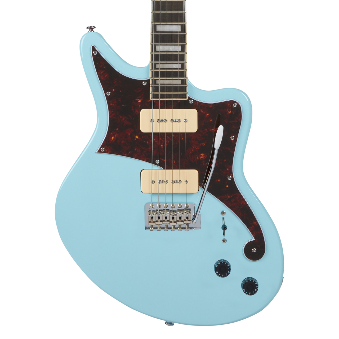 Dâ€™Angelico Premier Bedford â€“ Sky Blue Bundle (DAPBEDSBMCTR) featuring an offset solid body electric guitar in Oxblood finish, versatile pickup configuration, and an included gig bag plus Supro Delta King 10 amp.