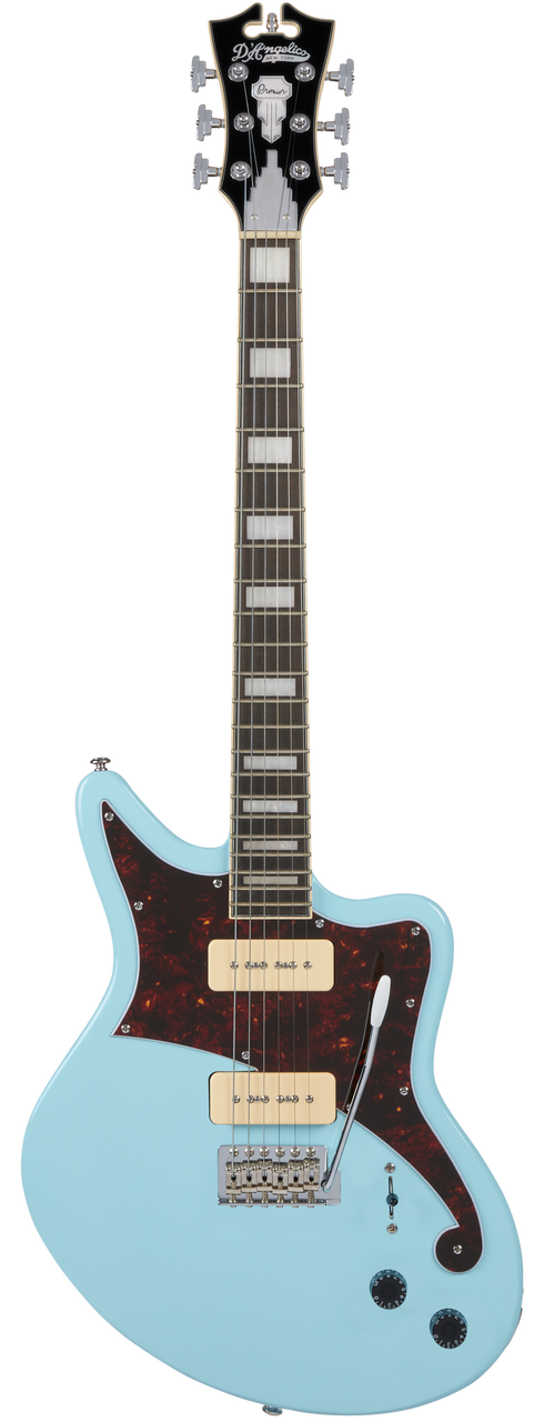 D’Angelico Premier Bedford – Sky Blue Bundle (DAPBEDSBMCTR) featuring an offset solid body electric guitar in Oxblood finish, versatile pickup configuration, and an included gig bag plus Supro Delta King 10 amp.