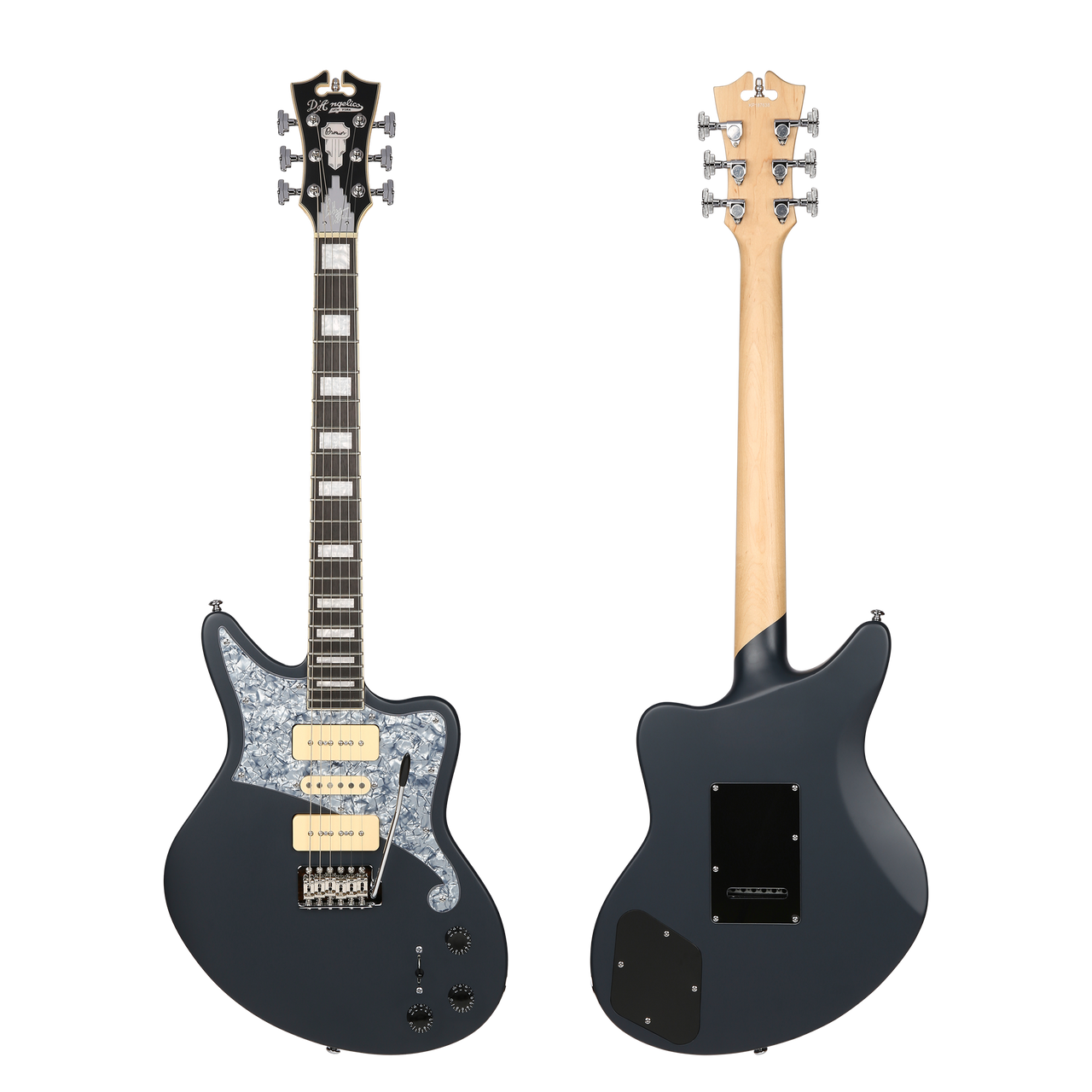 Dâ€™Angelico Bob Weir Signature â€“ Matte Stone Bundle (DAPBEDBWMSTCTR) featuring a signature electronics layout, Matte Stone finish, offset body design, premium gig bag, and included Supro Delta King 10 amp for a complete stage-ready setup.