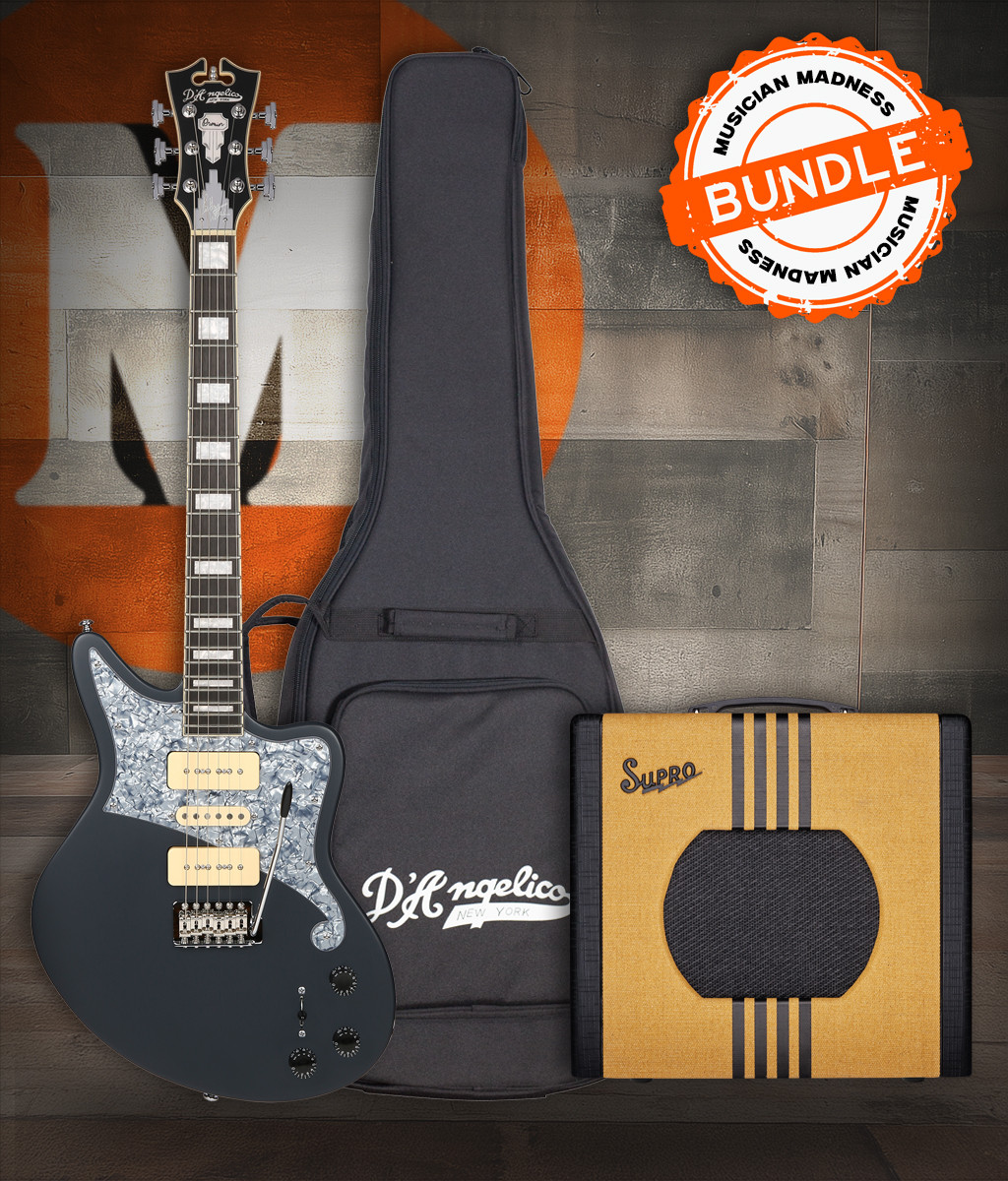 D’Angelico Bob Weir Signature – Matte Stone Bundle (DAPBEDBWMSTCTR) featuring a signature electronics layout, Matte Stone finish, offset body design, premium gig bag, and included Supro Delta King 10 amp for a complete stage-ready setup.