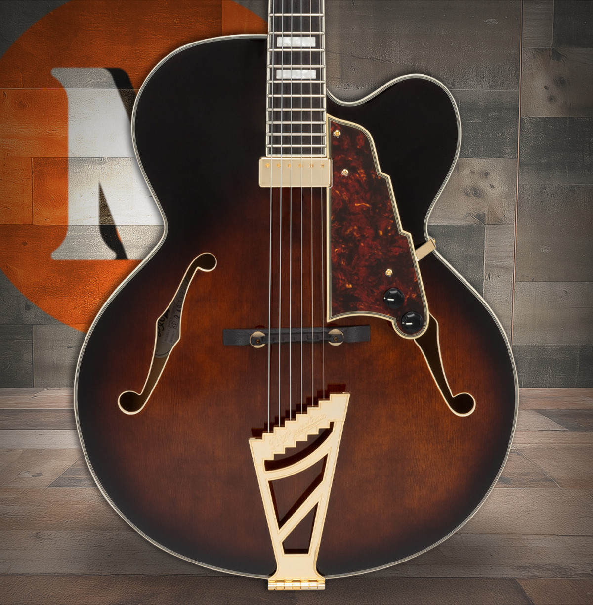 D'Angelico Excel EXL-1 Archtop - Brown Burst (DAPEXL1GBRBGT) featuring a full hollow body, single cutaway design, floating pickup, vintage-style appointments, and a warm Brown Burst finish crafted for classic jazz tone.