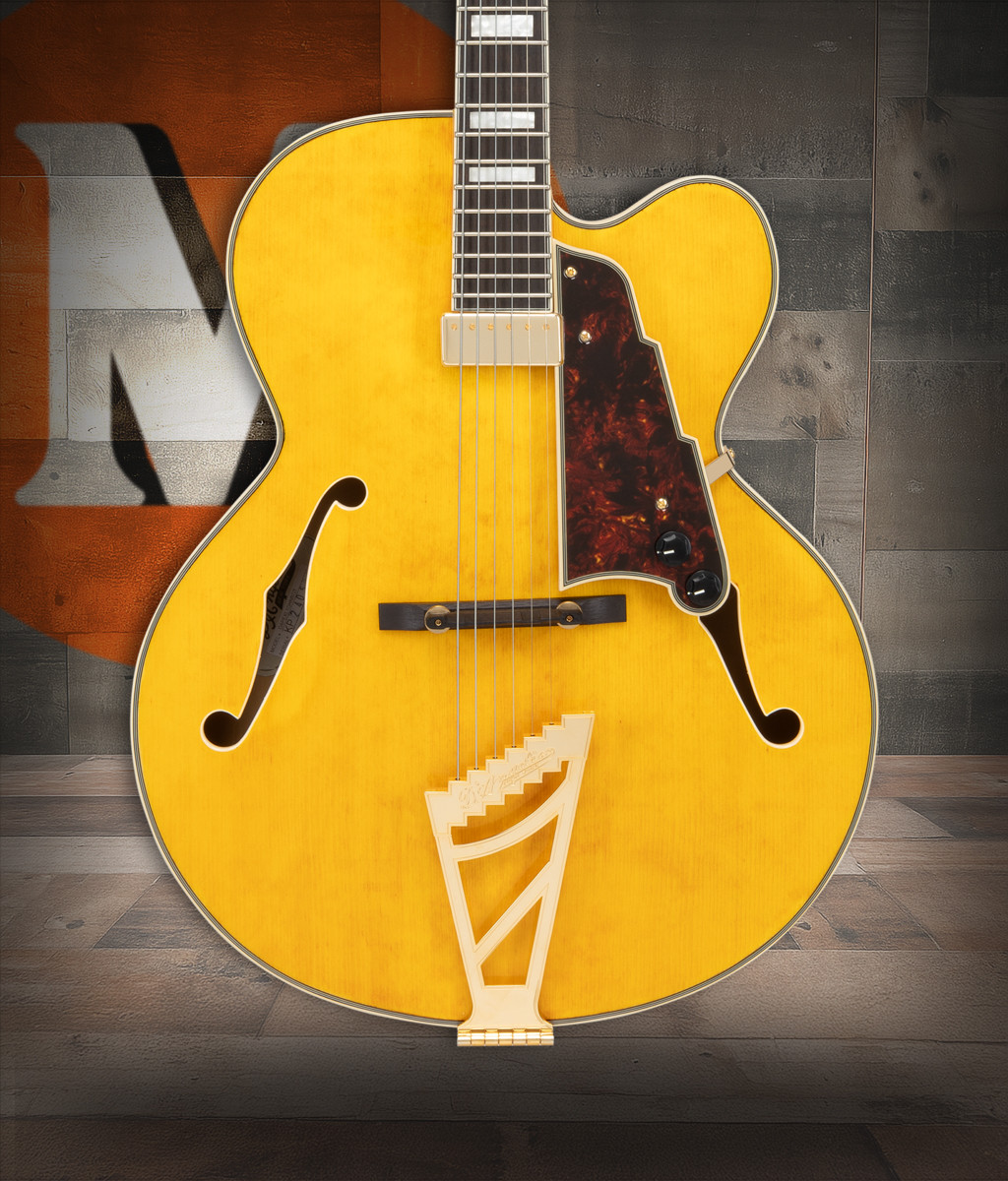Dâ€™Angelico Excel EXL-1 Archtop - Honey Blonde (DAPEXL1GHNBGT) featuring a full hollow body, single cutaway design, floating pickup, vintage-style appointments, and a warm Brown Burst finish crafted for classic jazz tone.