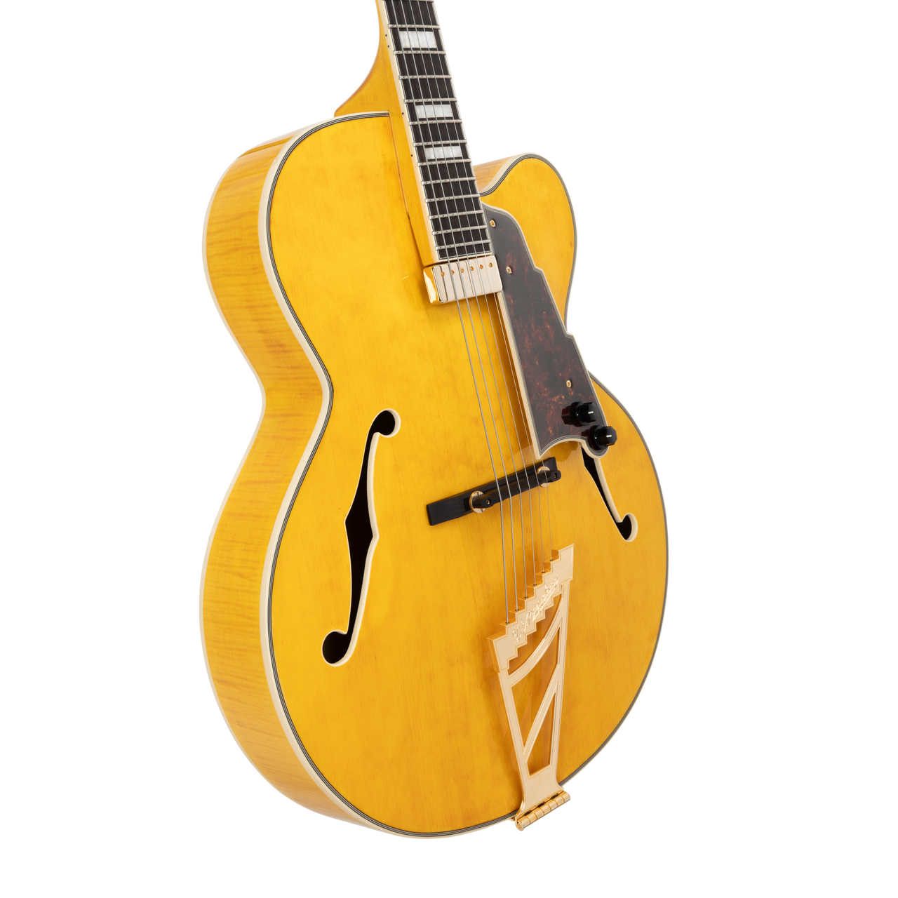 DÃ¢â‚¬â„¢Angelico Excel EXL-1 Archtop - Honey Blonde (DAPEXL1GHNBGT) featuring a full hollow body, single cutaway design, floating pickup, vintage-style appointments, and a warm Brown Burst finish crafted for classic jazz tone.