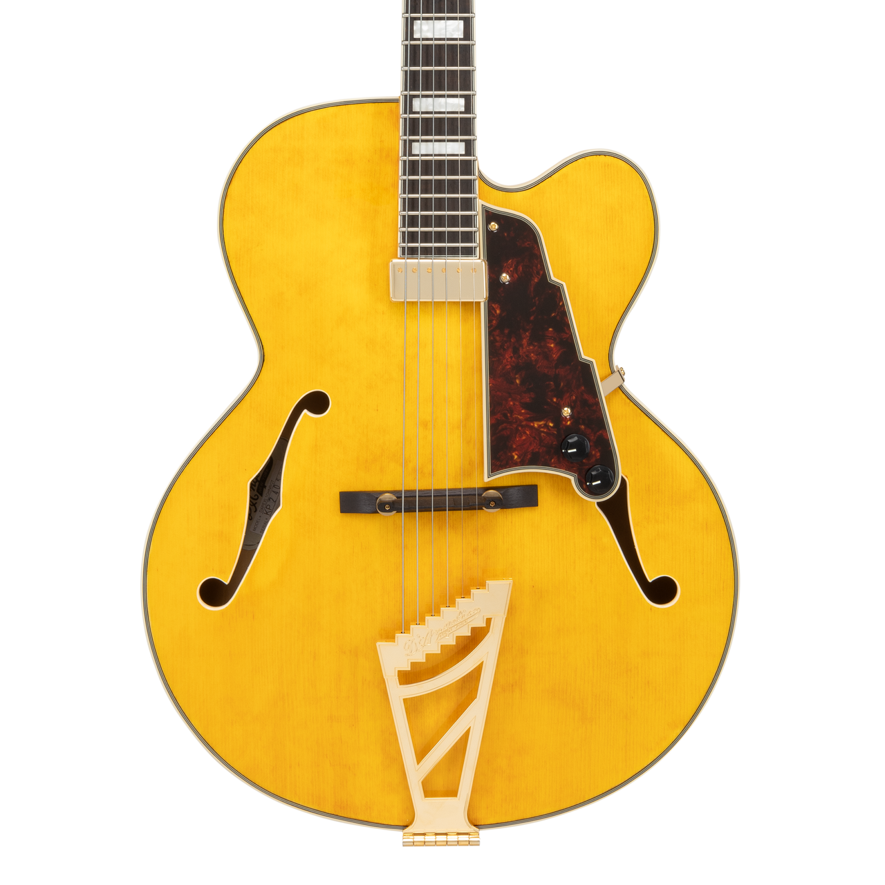 DÃ¢â‚¬â„¢Angelico Excel EXL-1 Archtop - Honey Blonde (DAPEXL1GHNBGT) featuring a full hollow body, single cutaway design, floating pickup, vintage-style appointments, and a warm Brown Burst finish crafted for classic jazz tone.