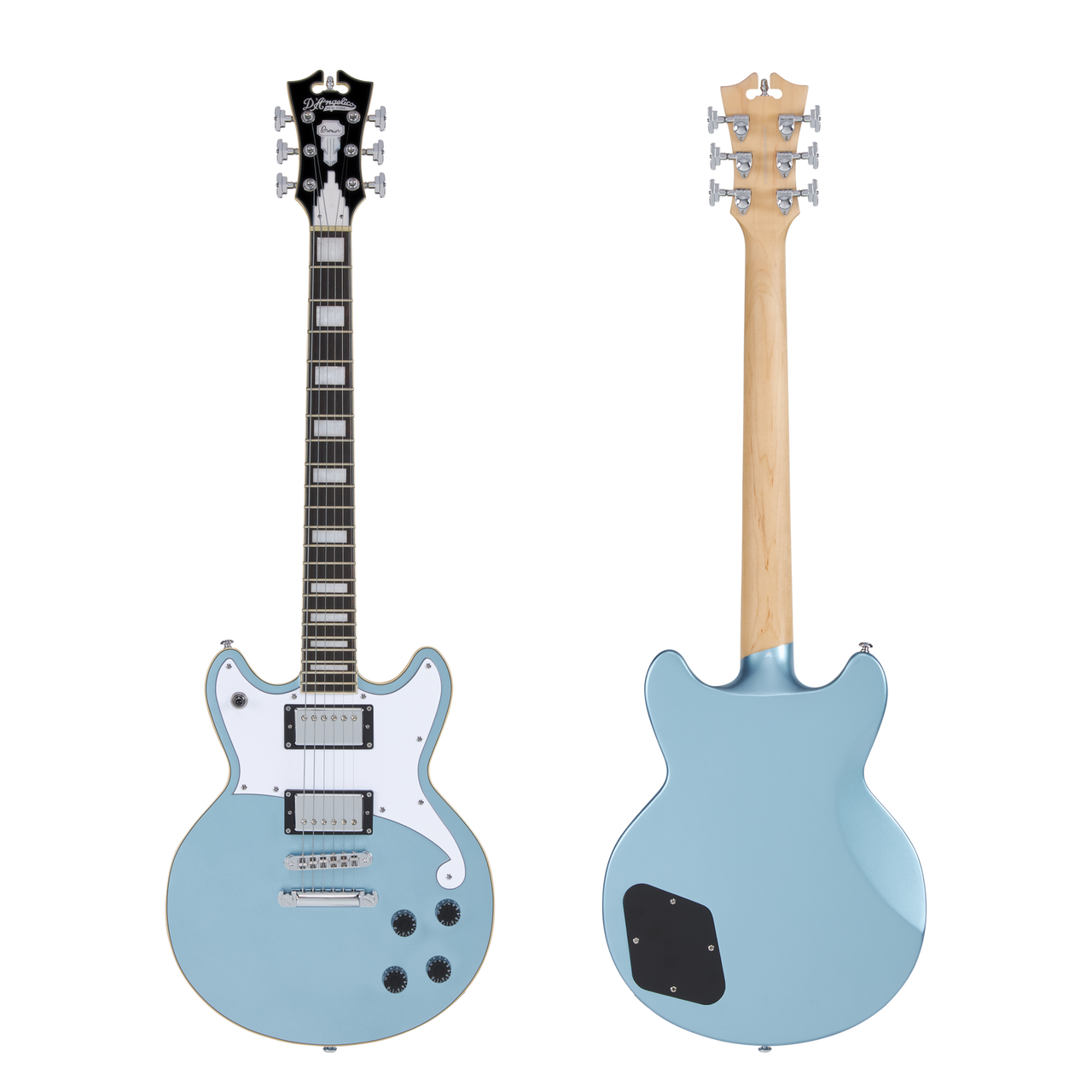 Dâ€™Angelico Brighton Double Cutaway - Ice Blue Metallic (DAPBRIIBMCS) featuring a solid-body double-cut design, dual humbuckers, sleek contours, and a bold Ice Blue Metallic finish for modern versatile tone.