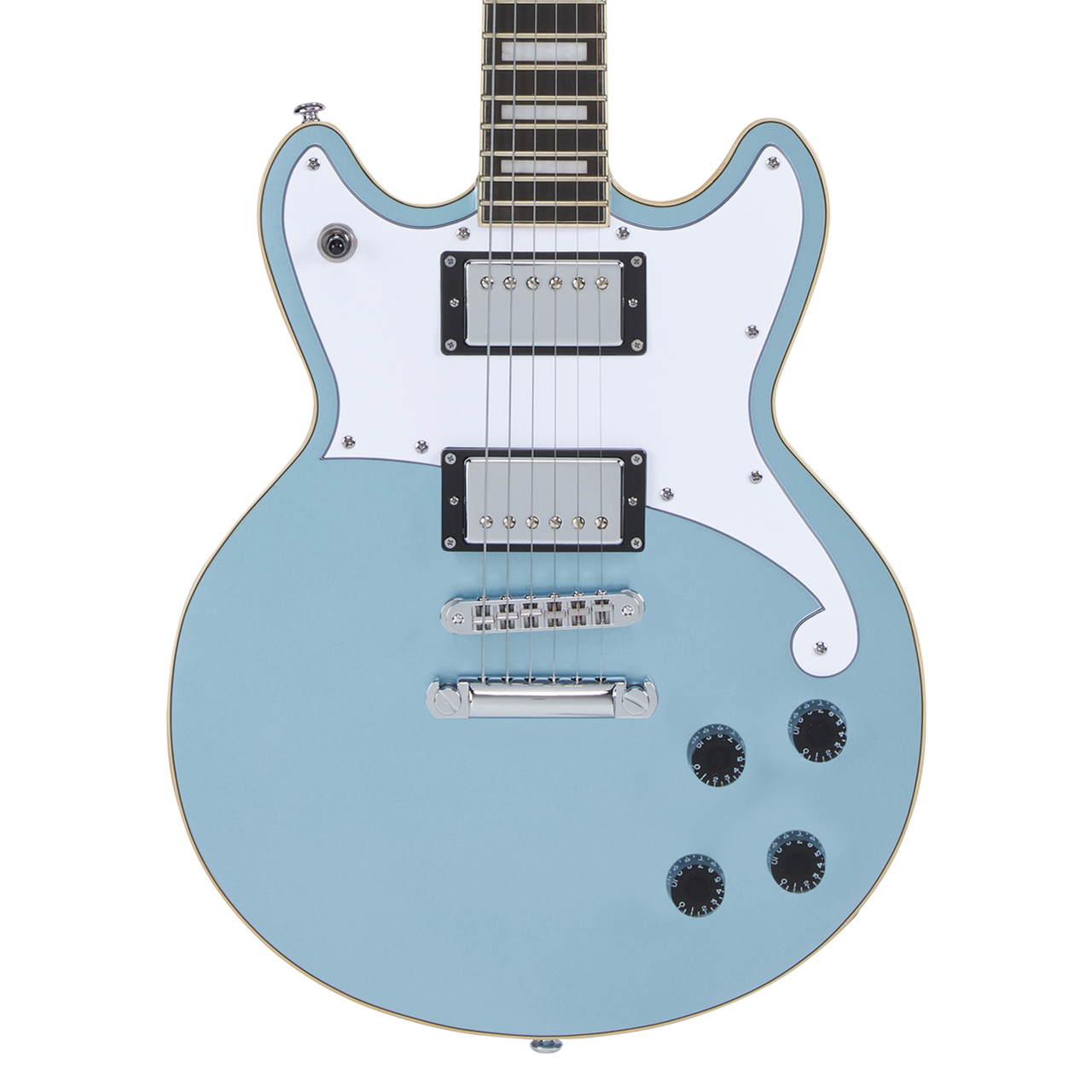 Dâ€™Angelico Brighton Double Cutaway - Ice Blue Metallic (DAPBRIIBMCS) featuring a solid-body double-cut design, dual humbuckers, sleek contours, and a bold Ice Blue Metallic finish for modern versatile tone.