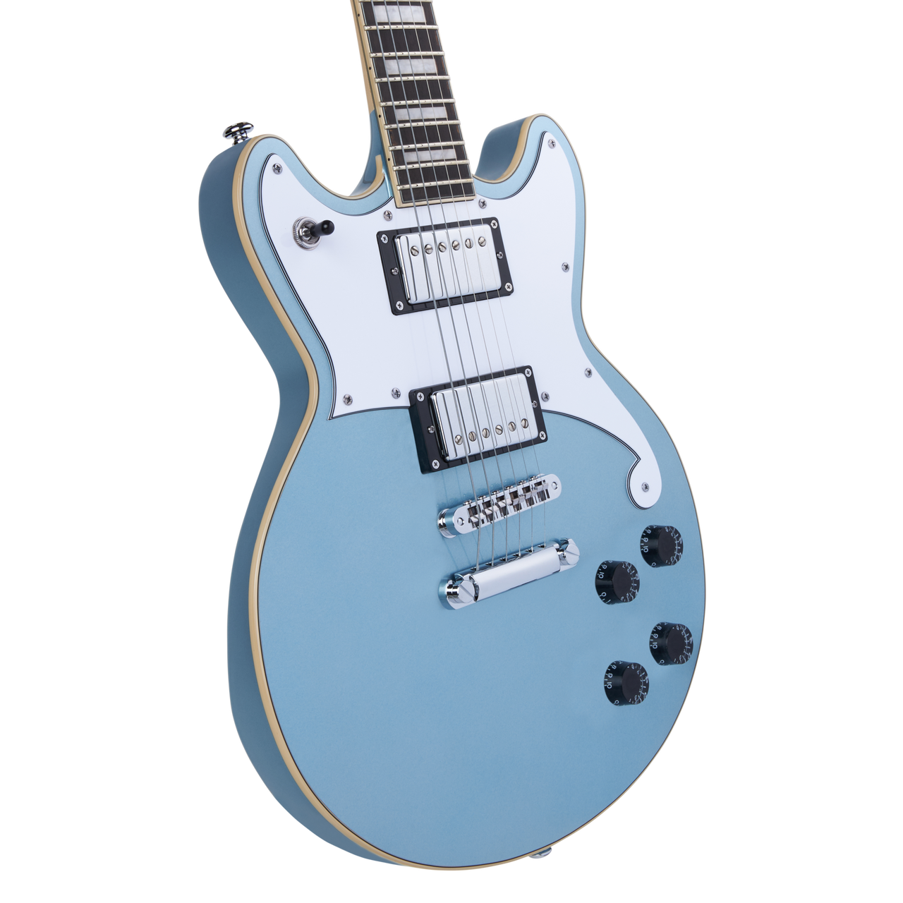 Dâ€™Angelico Brighton Double Cutaway - Ice Blue Metallic (DAPBRIIBMCS) featuring a solid-body double-cut design, dual humbuckers, sleek contours, and a bold Ice Blue Metallic finish for modern versatile tone.
