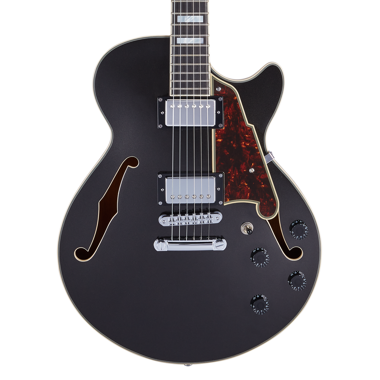 Dâ€™Angelico Premier SS Single Cutaway - Black Flake (DAPSSBLFCS) featuring a semi-hollow single-cut body, stop-bar tailpiece, dual humbuckers, and a bold Black Flake finish designed for versatile modern tones.