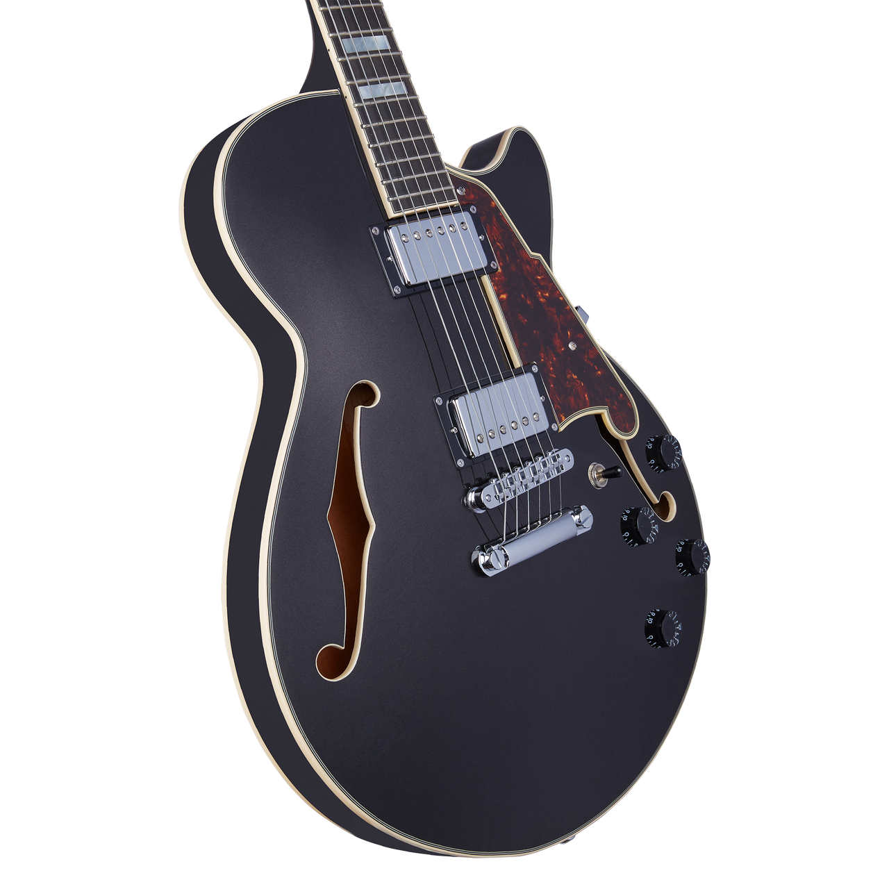 Dâ€™Angelico Premier SS Single Cutaway - Black Flake (DAPSSBLFCS) featuring a semi-hollow single-cut body, stop-bar tailpiece, dual humbuckers, and a bold Black Flake finish designed for versatile modern tones.