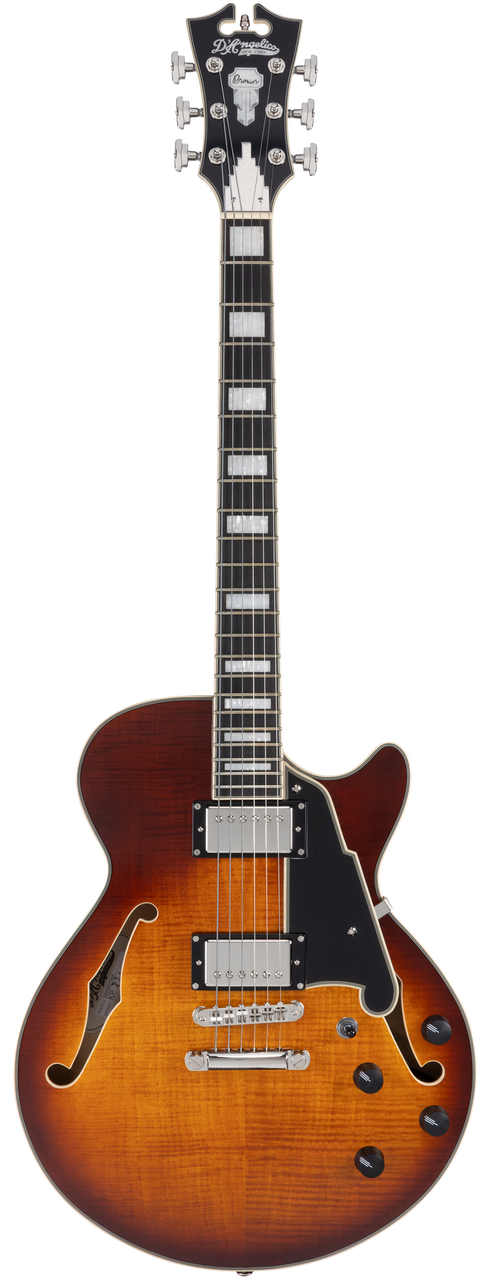 Dâ€™Angelico Premier SS Single Cutaway - Dark Iced Tea Burst (DAPSSDITBNS) featuring a semi-hollow single-cut body, stop-bar tailpiece, dual humbuckers, and a warm Dark Iced Tea Burst finish for expressive modern tones.