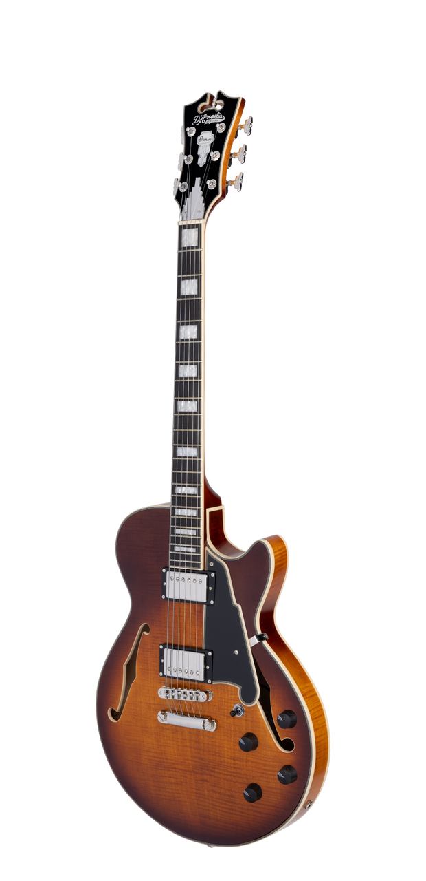 Dâ€™Angelico Premier SS Single Cutaway - Dark Iced Tea Burst (DAPSSDITBNS) featuring a semi-hollow single-cut body, stop-bar tailpiece, dual humbuckers, and a warm Dark Iced Tea Burst finish for expressive modern tones.