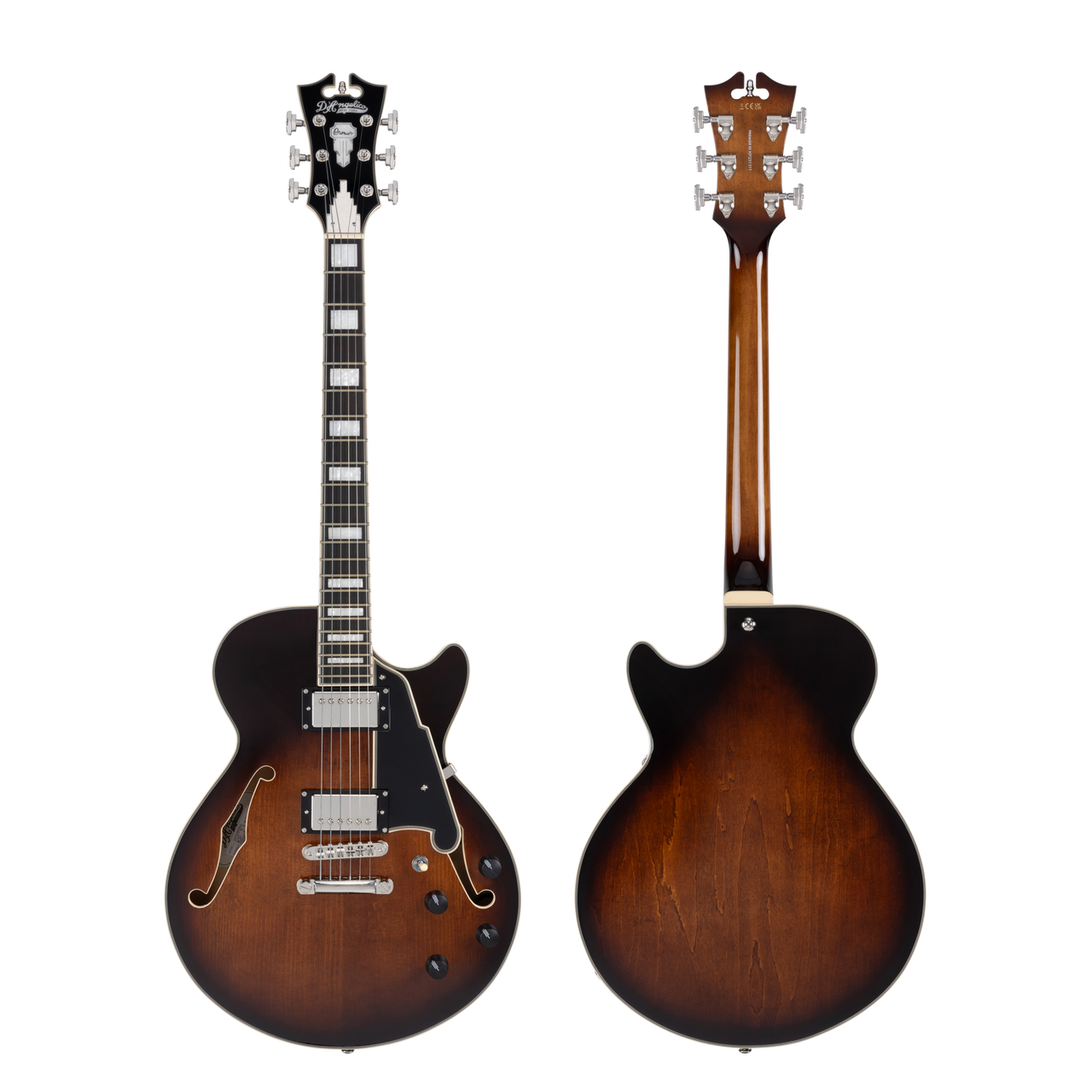 Dâ€™Angelico Premier SS Single Cutaway - Brown Burst (DAPSSBRBNS) featuring a semi-hollow single-cut body, stop-bar tailpiece, dual humbuckers, and a warm Dark Iced Tea Burst finish for expressive modern tones.