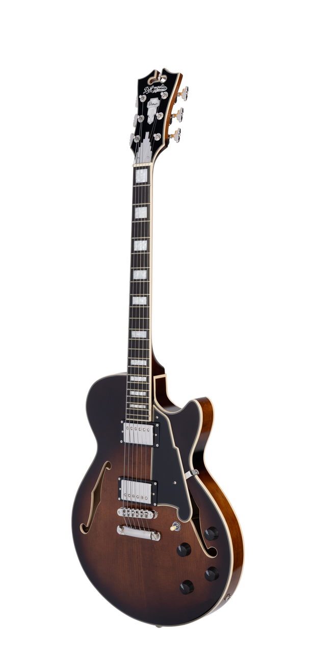 DÃ¢â‚¬â„¢Angelico Premier SS Single Cutaway - Brown Burst (DAPSSBRBNS) featuring a semi-hollow single-cut body, stop-bar tailpiece, dual humbuckers, and a warm Dark Iced Tea Burst finish for expressive modern tones.