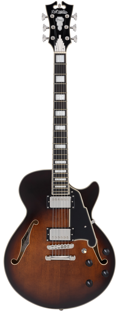 Dâ€™Angelico Premier SS Single Cutaway - Brown Burst (DAPSSBRBNS) featuring a semi-hollow single-cut body, stop-bar tailpiece, dual humbuckers, and a warm Dark Iced Tea Burst finish for expressive modern tones.