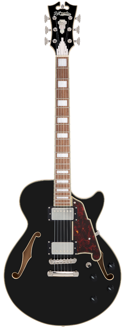 Dâ€™Angelico Premier SS Single Cutaway - Black (DAPSSSBKNS) featuring a semi-hollow single-cut body, stop-bar tailpiece, dual humbuckers, and a warm Dark Iced Tea Burst finish for expressive modern tones.