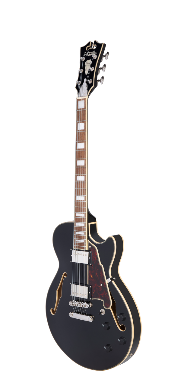 Dâ€™Angelico Premier SS Single Cutaway - Black (DAPSSSBKNS) featuring a semi-hollow single-cut body, stop-bar tailpiece, dual humbuckers, and a warm Dark Iced Tea Burst finish for expressive modern tones.