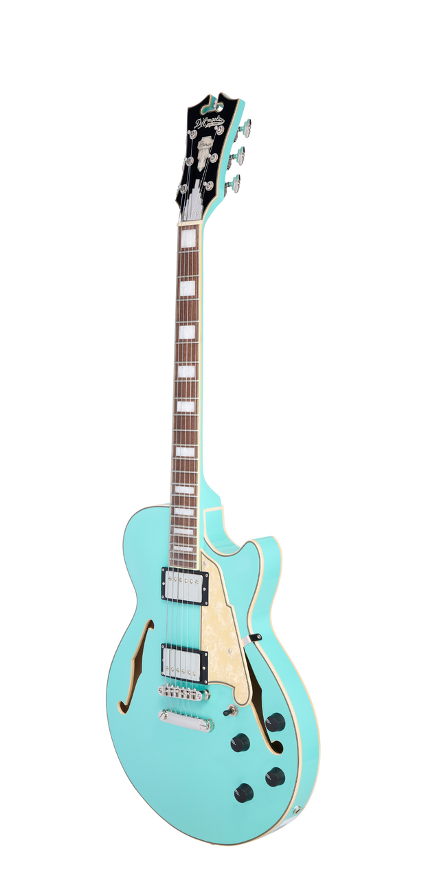 DÃ¢â‚¬â„¢Angelico Premier SS Single Cutaway - Surf Green (DAPSSSGRNS) featuring a semi-hollow single-cut body, stop-bar tailpiece, dual humbuckers, and a warm Dark Iced Tea Burst finish for expressive modern tones.