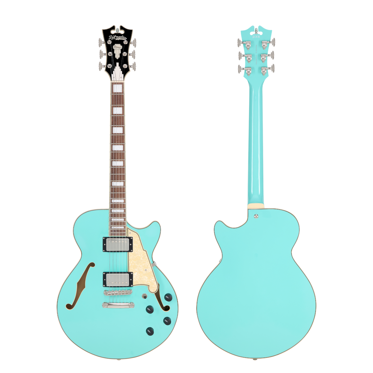 Dâ€™Angelico Premier SS Single Cutaway - Surf Green (DAPSSSGRNS) featuring a semi-hollow single-cut body, stop-bar tailpiece, dual humbuckers, and a warm Dark Iced Tea Burst finish for expressive modern tones.