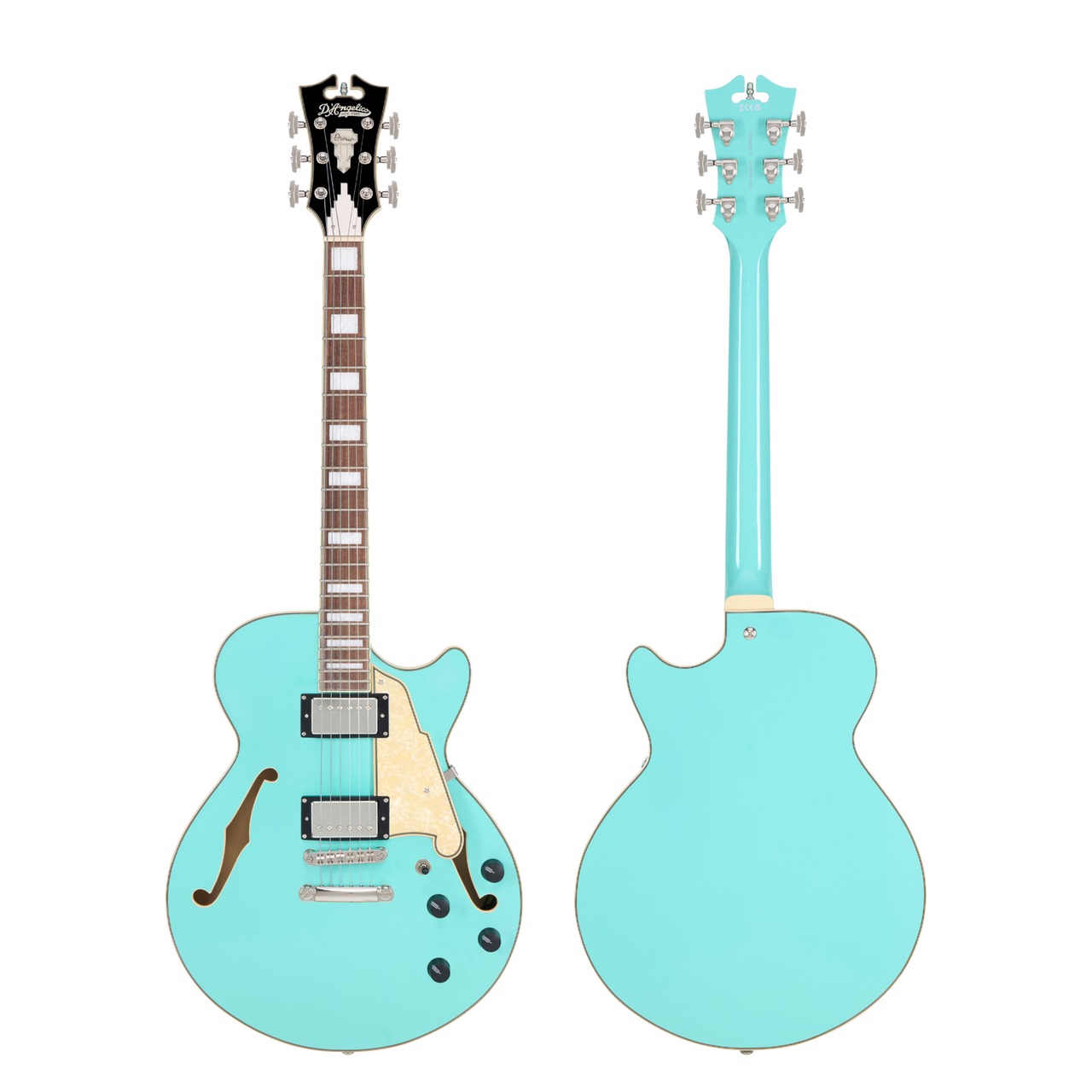 DÃ¢â‚¬â„¢Angelico Premier SS Single Cutaway - Surf Green (DAPSSSGRNS) featuring a semi-hollow single-cut body, stop-bar tailpiece, dual humbuckers, and a warm Dark Iced Tea Burst finish for expressive modern tones.