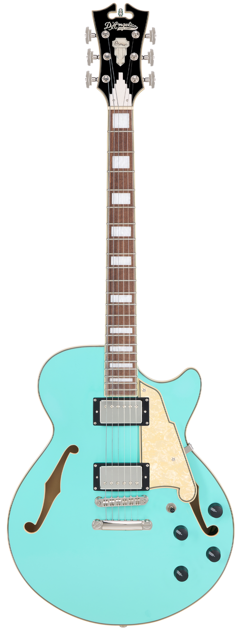 DÃ¢â‚¬â„¢Angelico Premier SS Single Cutaway - Surf Green (DAPSSSGRNS) featuring a semi-hollow single-cut body, stop-bar tailpiece, dual humbuckers, and a warm Dark Iced Tea Burst finish for expressive modern tones.