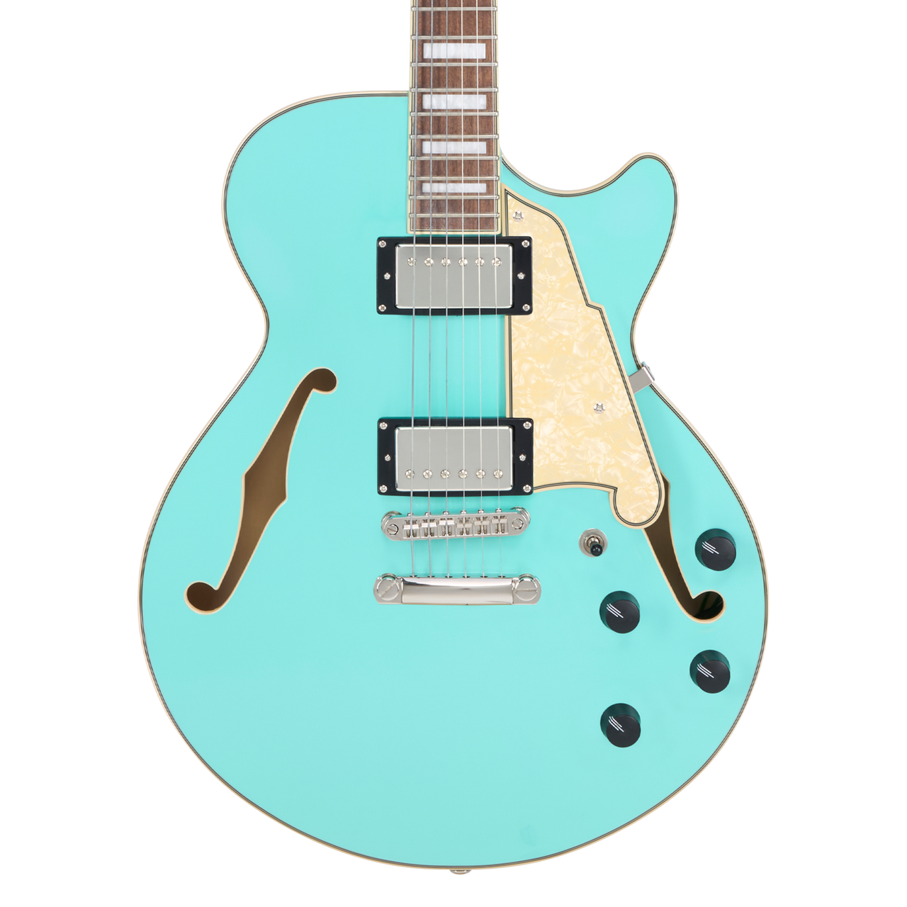 Dâ€™Angelico Premier SS Single Cutaway - Surf Green (DAPSSSGRNS) featuring a semi-hollow single-cut body, stop-bar tailpiece, dual humbuckers, and a warm Dark Iced Tea Burst finish for expressive modern tones.
