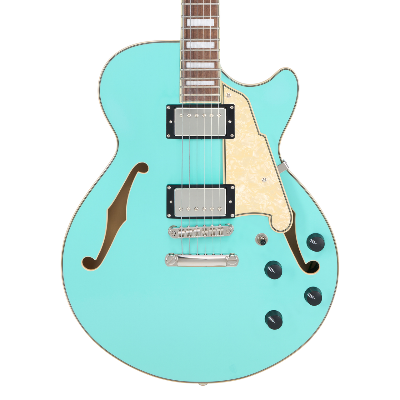DÃ¢â‚¬â„¢Angelico Premier SS Single Cutaway - Surf Green (DAPSSSGRNS) featuring a semi-hollow single-cut body, stop-bar tailpiece, dual humbuckers, and a warm Dark Iced Tea Burst finish for expressive modern tones.