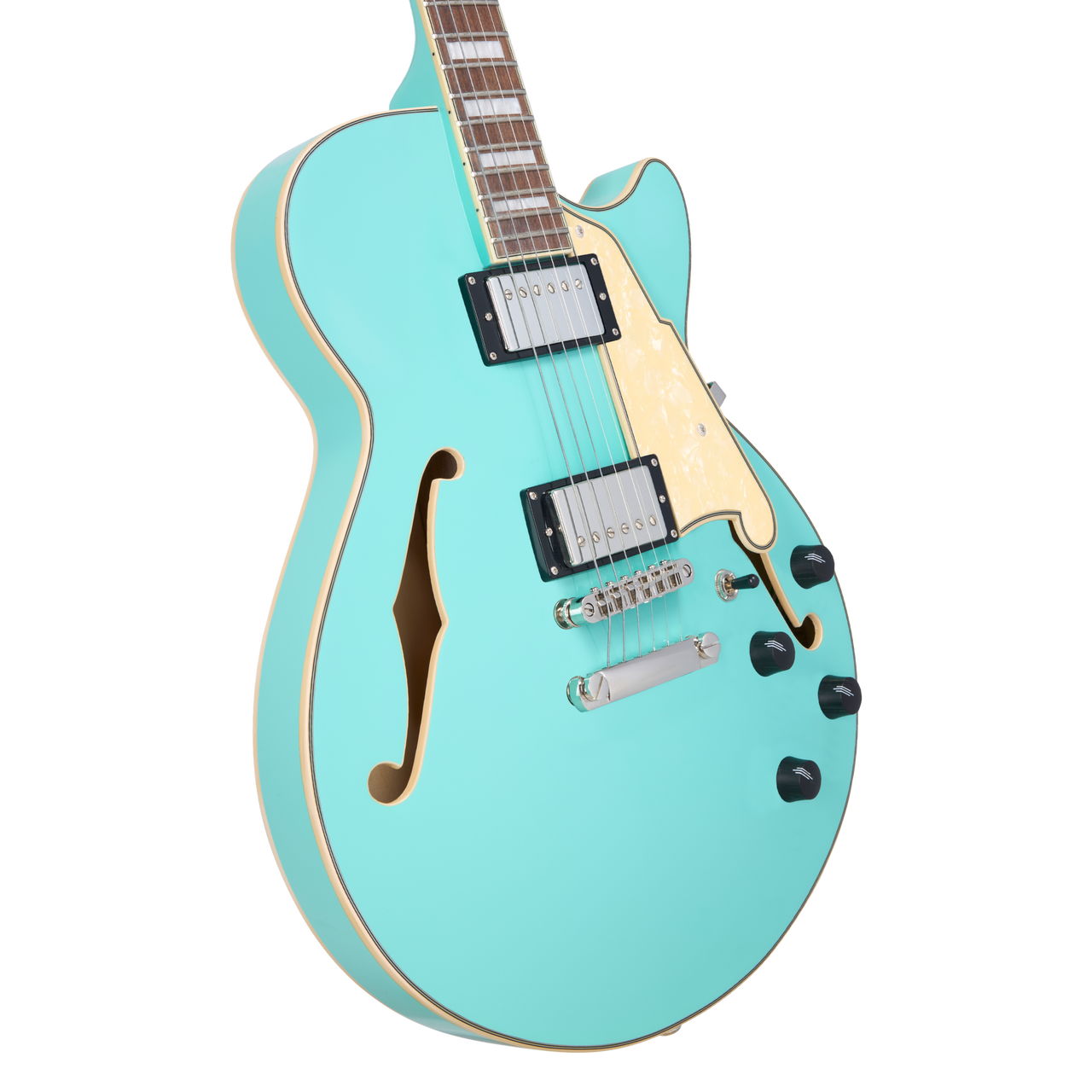 DÃ¢â‚¬â„¢Angelico Premier SS Single Cutaway - Surf Green (DAPSSSGRNS) featuring a semi-hollow single-cut body, stop-bar tailpiece, dual humbuckers, and a warm Dark Iced Tea Burst finish for expressive modern tones.