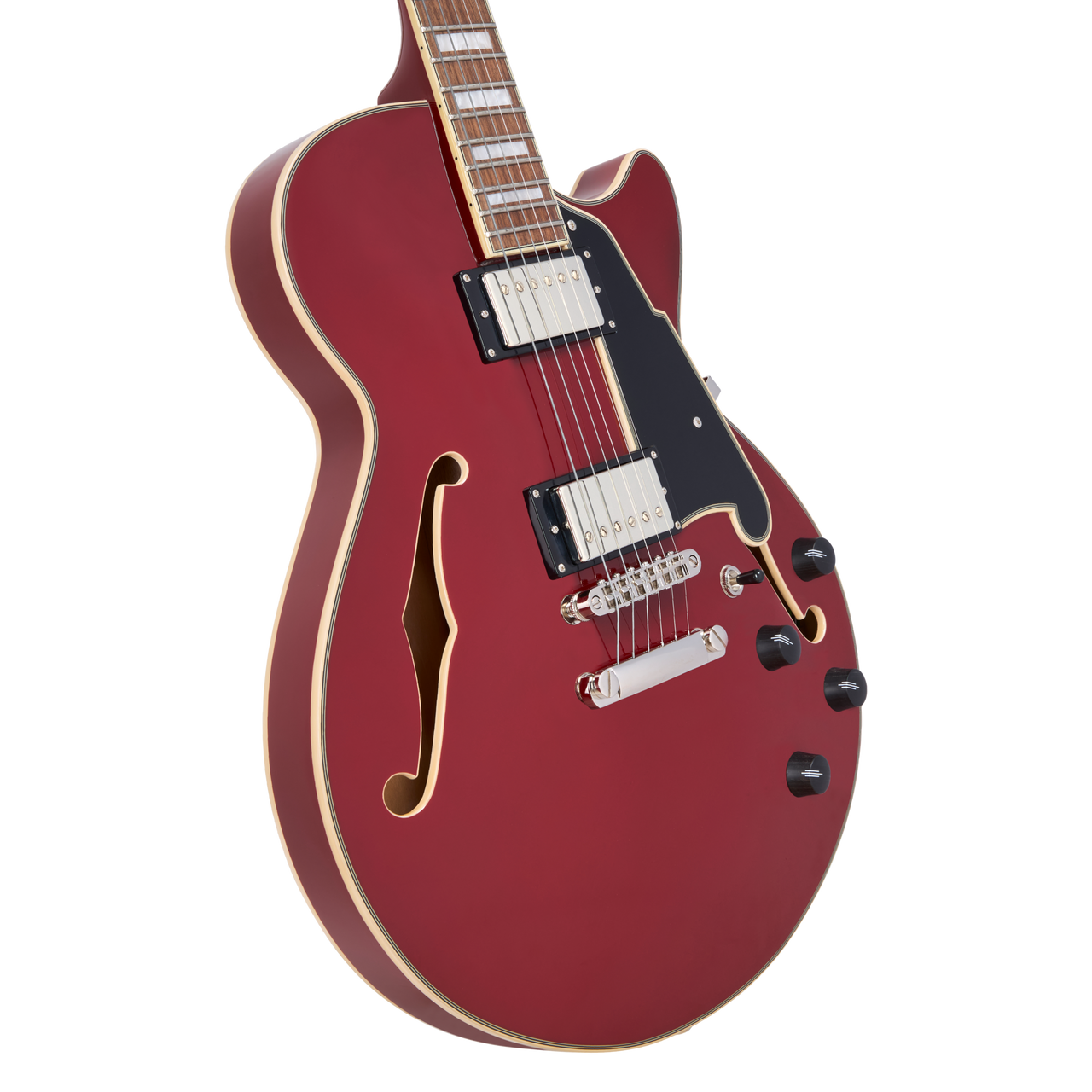 Dâ€™Angelico Premier SS Single Cutaway - Burnt Red (DAPSSBRDNS) featuring a semi-hollow single-cut body, stop-bar tailpiece, dual humbuckers, and a warm Dark Iced Tea Burst finish for expressive modern tones.