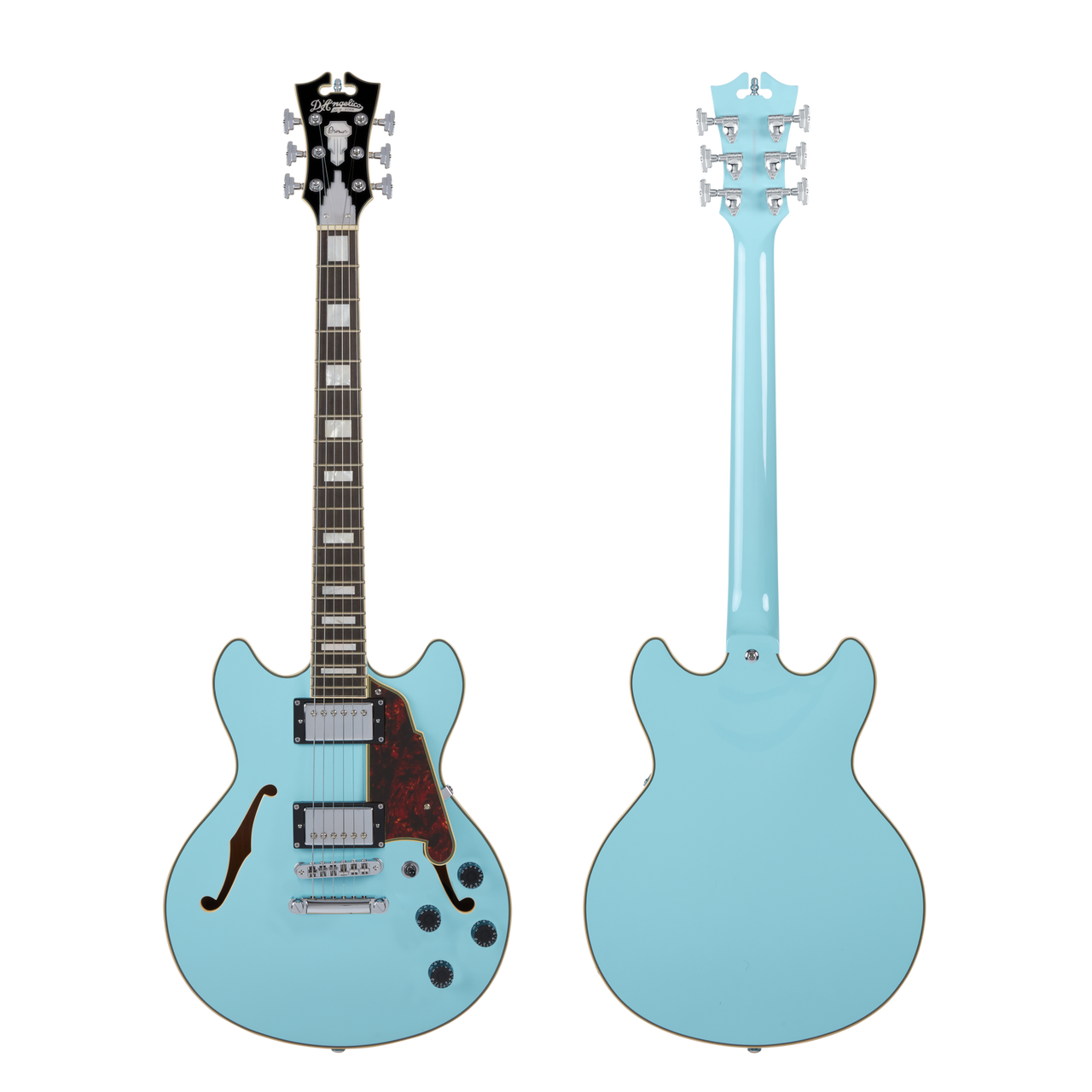 Dâ€™Angelico Premier Mini DC - Sky Blue (DAPMINIDCSKBCS) featuring a compact semi-hollow double-cutaway body, stop-bar tailpiece, dual humbuckers, and a bold Sky Blue finish for lightweight versatility and modern tone.