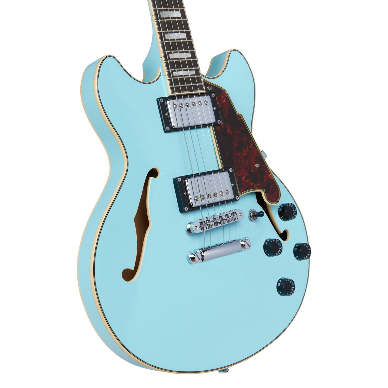 Dâ€™Angelico Premier Mini DC - Sky Blue (DAPMINIDCSKBCS) featuring a compact semi-hollow double-cutaway body, stop-bar tailpiece, dual humbuckers, and a bold Sky Blue finish for lightweight versatility and modern tone.