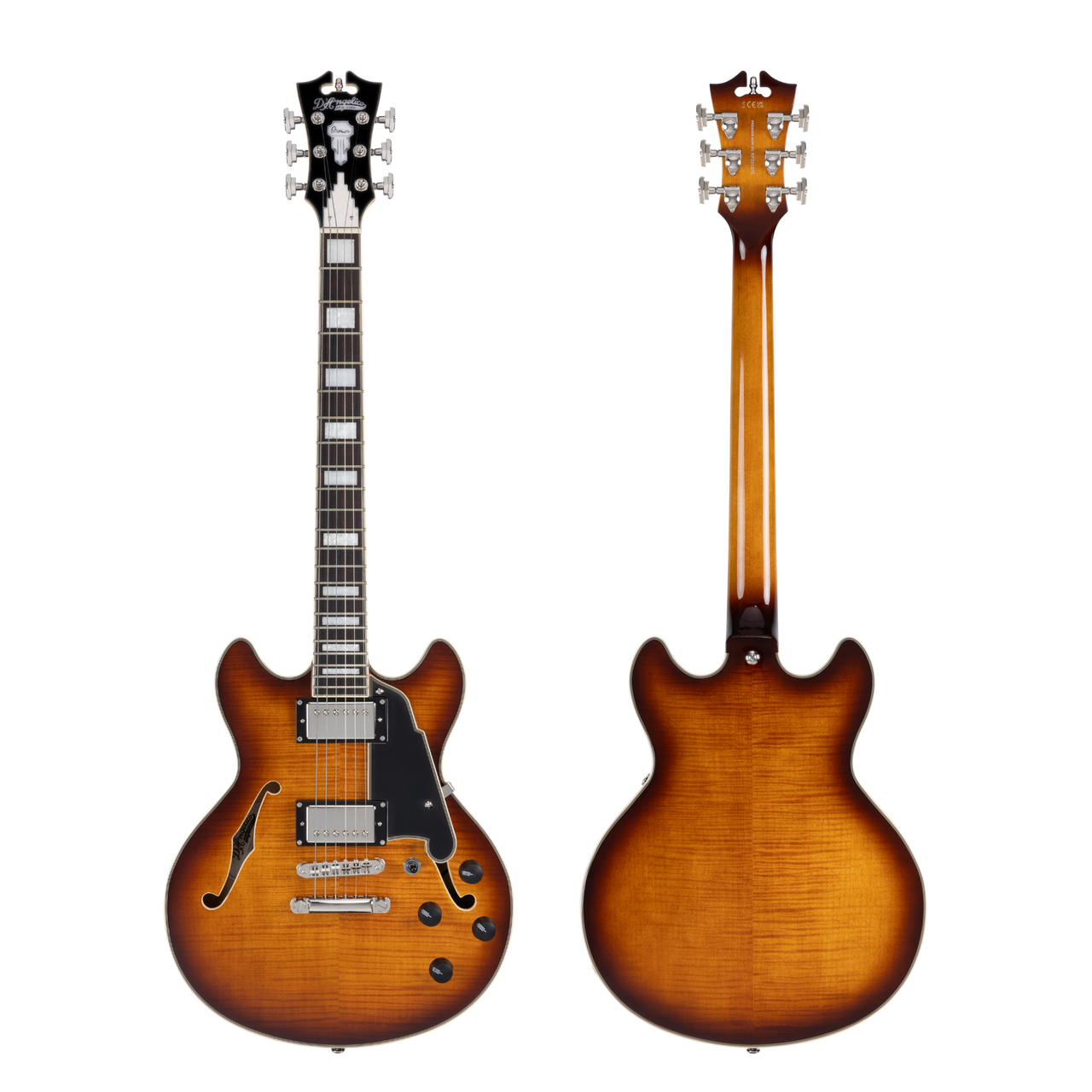 D'Angelico Premier Mini DC - Dark Iced Tea Burst (DAPMDCDITBNS) featuring a compact semi-hollow double-cut design, stop-bar tailpiece, dual humbuckers, and a rich Dark Iced Tea Burst finish for warm, versatile tone.