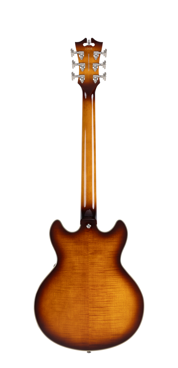 D'Angelico Premier Mini DC - Dark Iced Tea Burst (DAPMDCDITBNS) featuring a compact semi-hollow double-cut design, stop-bar tailpiece, dual humbuckers, and a rich Dark Iced Tea Burst finish for warm, versatile tone.