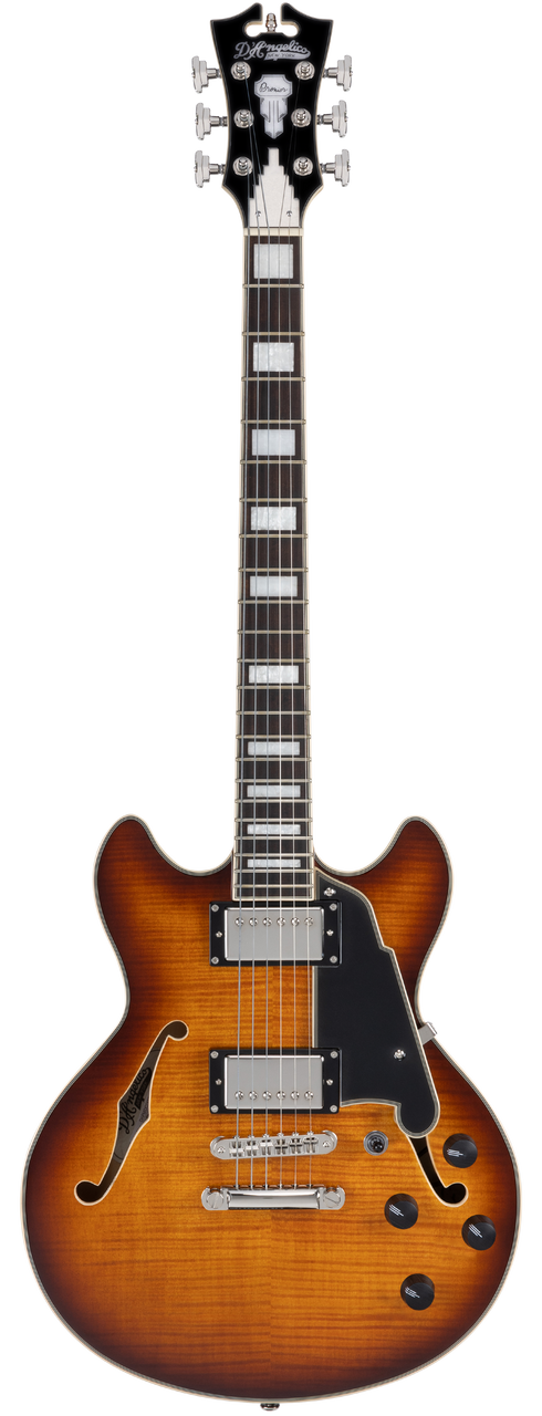D'Angelico Premier Mini DC - Dark Iced Tea Burst (DAPMDCDITBNS) featuring a compact semi-hollow double-cut design, stop-bar tailpiece, dual humbuckers, and a rich Dark Iced Tea Burst finish for warm, versatile tone.