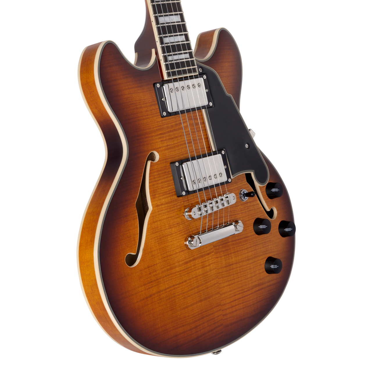 Dâ€™Angelico Premier Mini DC - Dark Iced Tea Burst (DAPMDCDITBNS) featuring a compact semi-hollow double-cut design, stop-bar tailpiece, dual humbuckers, and a rich Dark Iced Tea Burst finish for warm, versatile tone.