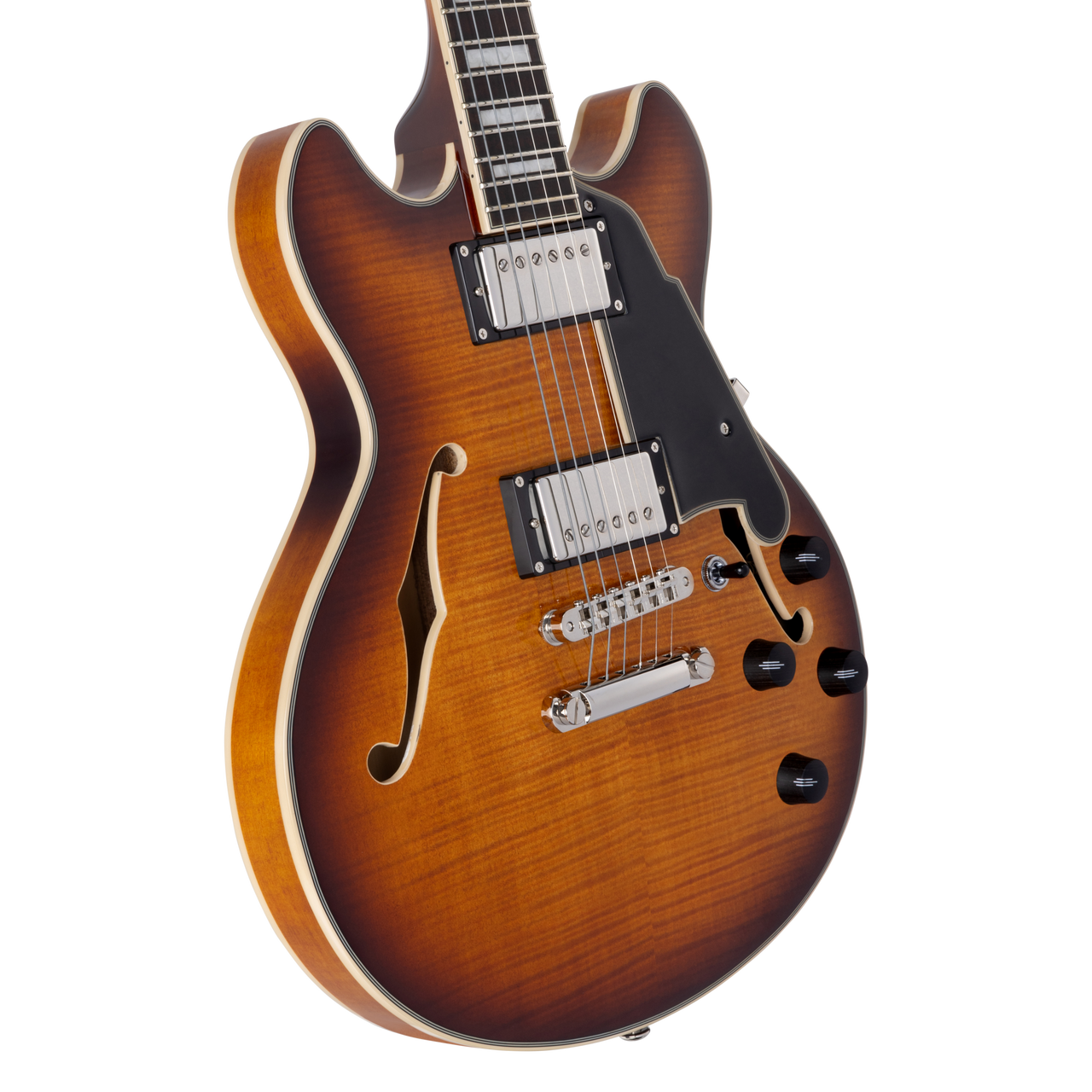 D'Angelico Premier Mini DC - Dark Iced Tea Burst (DAPMDCDITBNS) featuring a compact semi-hollow double-cut design, stop-bar tailpiece, dual humbuckers, and a rich Dark Iced Tea Burst finish for warm, versatile tone.