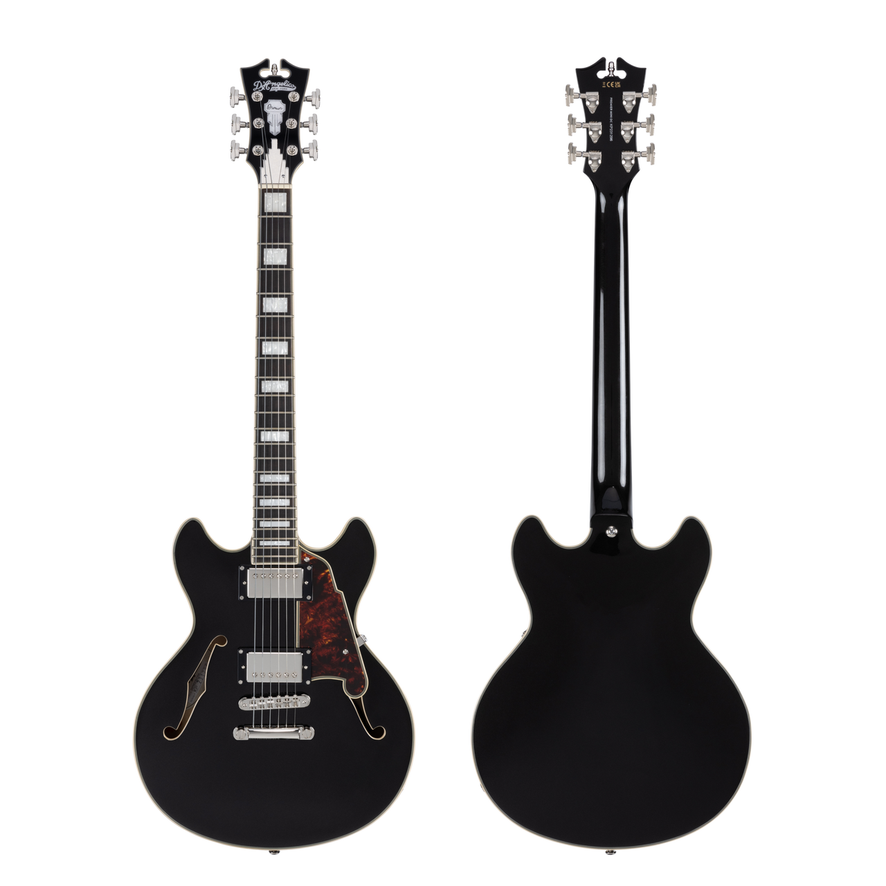 Dâ€™Angelico Premier Mini DC - Black Flake (DAPMDCBLF2NS) featuring a compact semi-hollow double-cut design, stop-bar tailpiece, dual humbuckers, and a rich Dark Iced Tea Burst finish for warm, versatile tone.