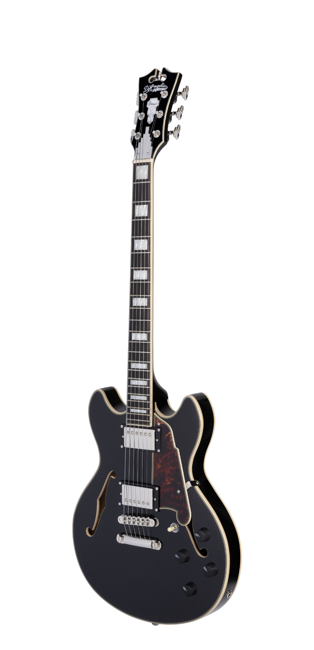 Dâ€™Angelico Premier Mini DC - Black Flake (DAPMDCBLF2NS) featuring a compact semi-hollow double-cut design, stop-bar tailpiece, dual humbuckers, and a rich Dark Iced Tea Burst finish for warm, versatile tone.