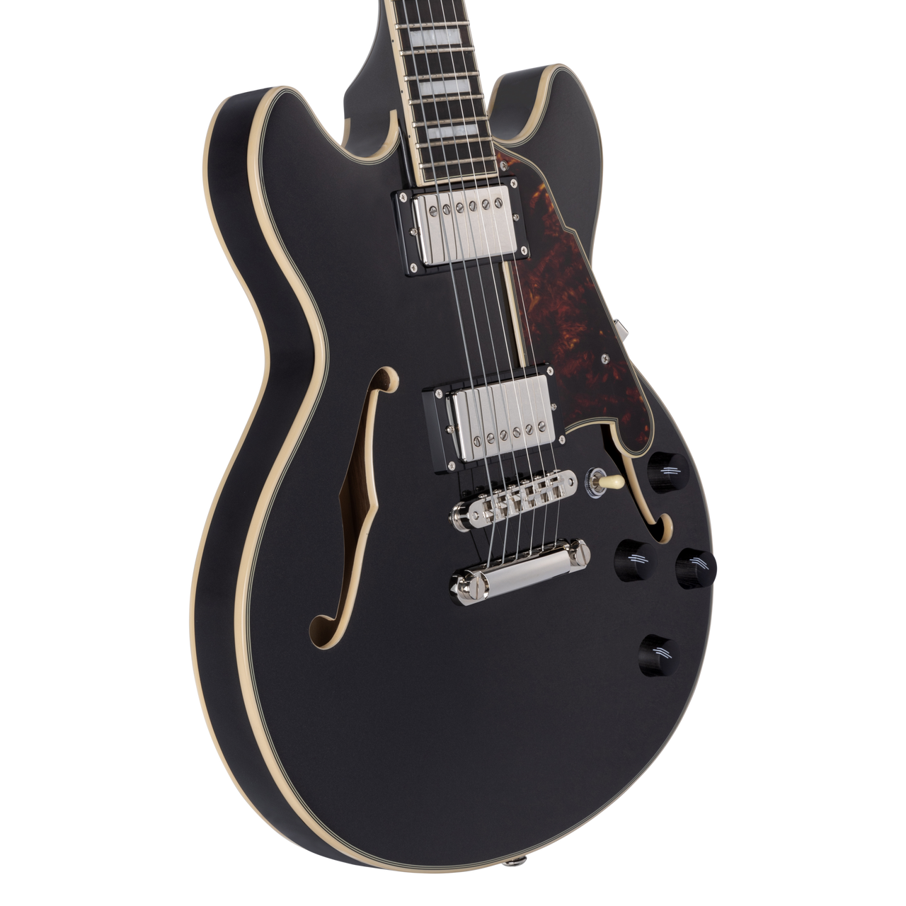 Dâ€™Angelico Premier Mini DC - Black Flake (DAPMDCBLF2NS) featuring a compact semi-hollow double-cut design, stop-bar tailpiece, dual humbuckers, and a rich Dark Iced Tea Burst finish for warm, versatile tone.