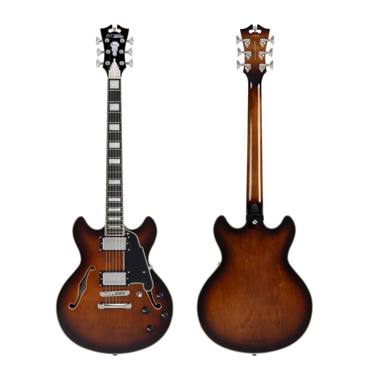 Dâ€™Angelico Premier Mini DC - Brown Burst (DAPMDCBRBNS) featuring a compact semi-hollow double-cut design, stop-bar tailpiece, dual humbuckers, and a rich Dark Iced Tea Burst finish for warm, versatile tone.
