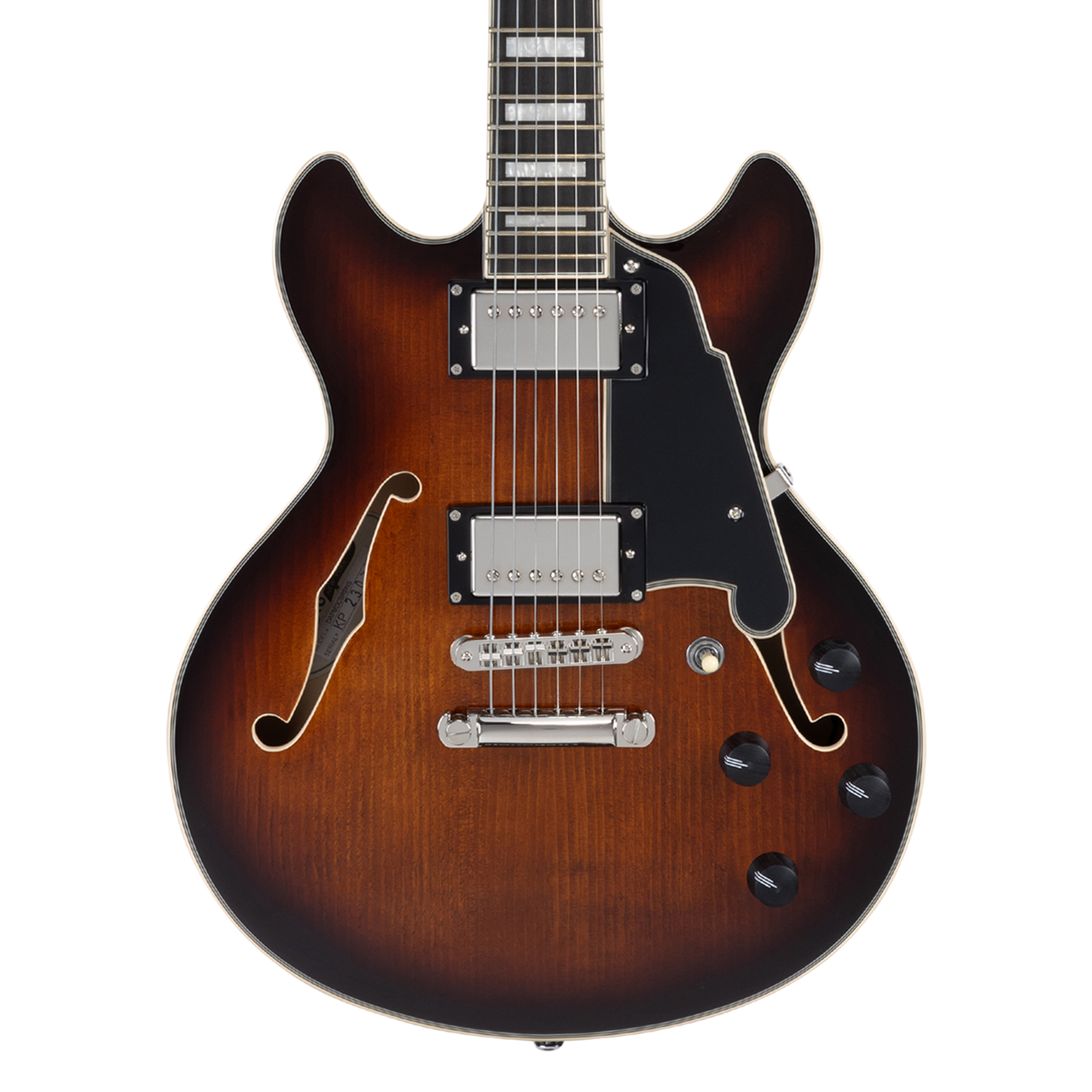 Dâ€™Angelico Premier Mini DC - Brown Burst (DAPMDCBRBNS) featuring a compact semi-hollow double-cut design, stop-bar tailpiece, dual humbuckers, and a rich Dark Iced Tea Burst finish for warm, versatile tone.