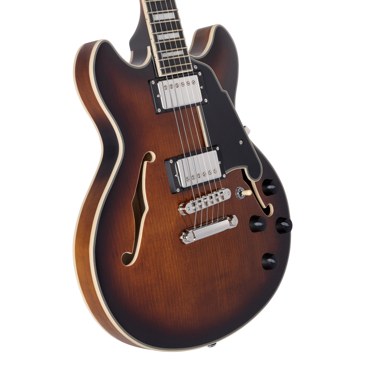 Dâ€™Angelico Premier Mini DC - Brown Burst (DAPMDCBRBNS) featuring a compact semi-hollow double-cut design, stop-bar tailpiece, dual humbuckers, and a rich Dark Iced Tea Burst finish for warm, versatile tone.