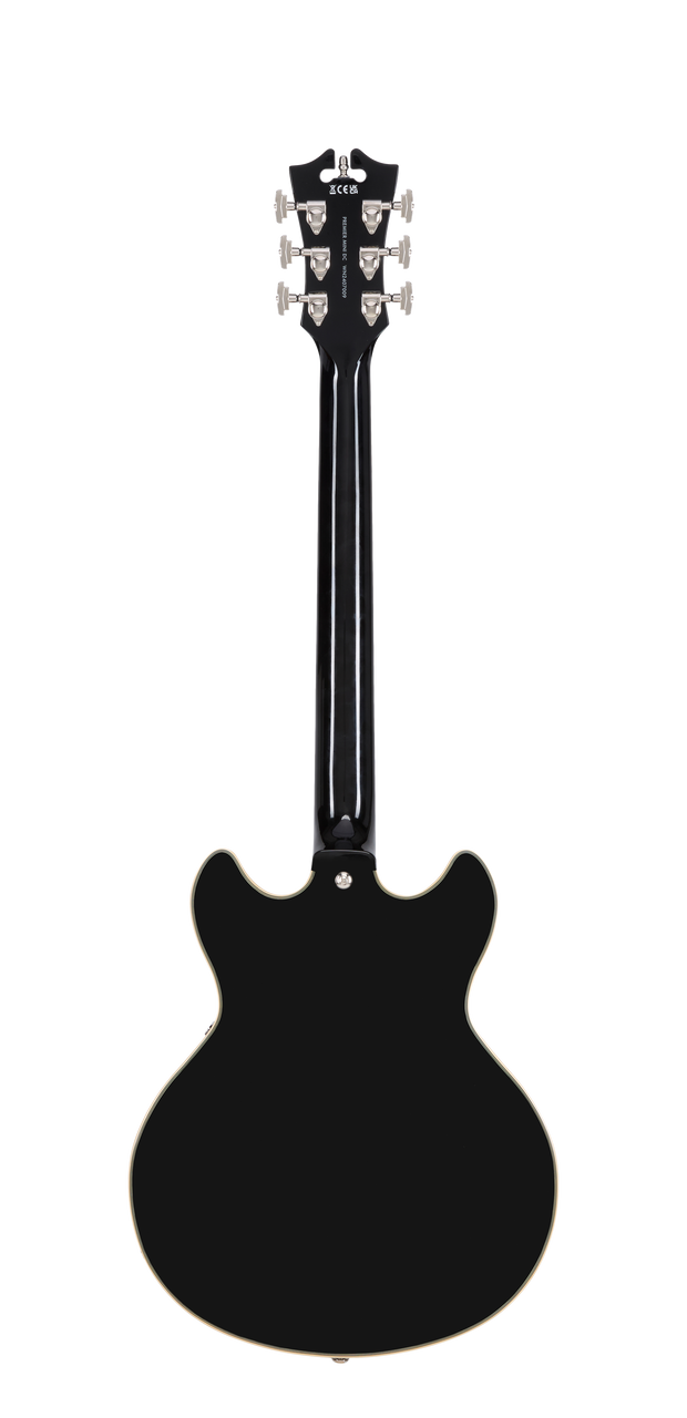DÃ¢â‚¬â„¢Angelico Premier Mini DC - Black (DAPMDCSBKNS) featuring a compact semi-hollow double-cut design, stop-bar tailpiece, dual humbuckers, and a rich versatile tone.