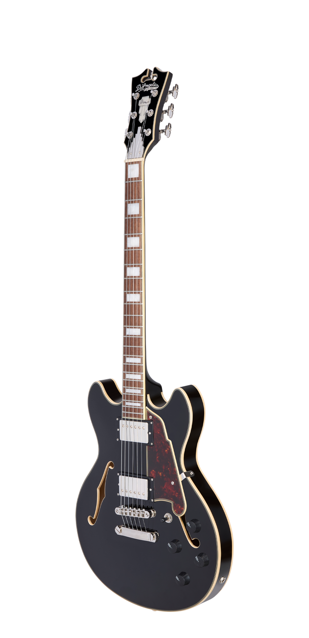 Dâ€™Angelico Premier Mini DC - Black (DAPMDCSBKNS) featuring a compact semi-hollow double-cut design, stop-bar tailpiece, dual humbuckers, and a rich versatile tone.