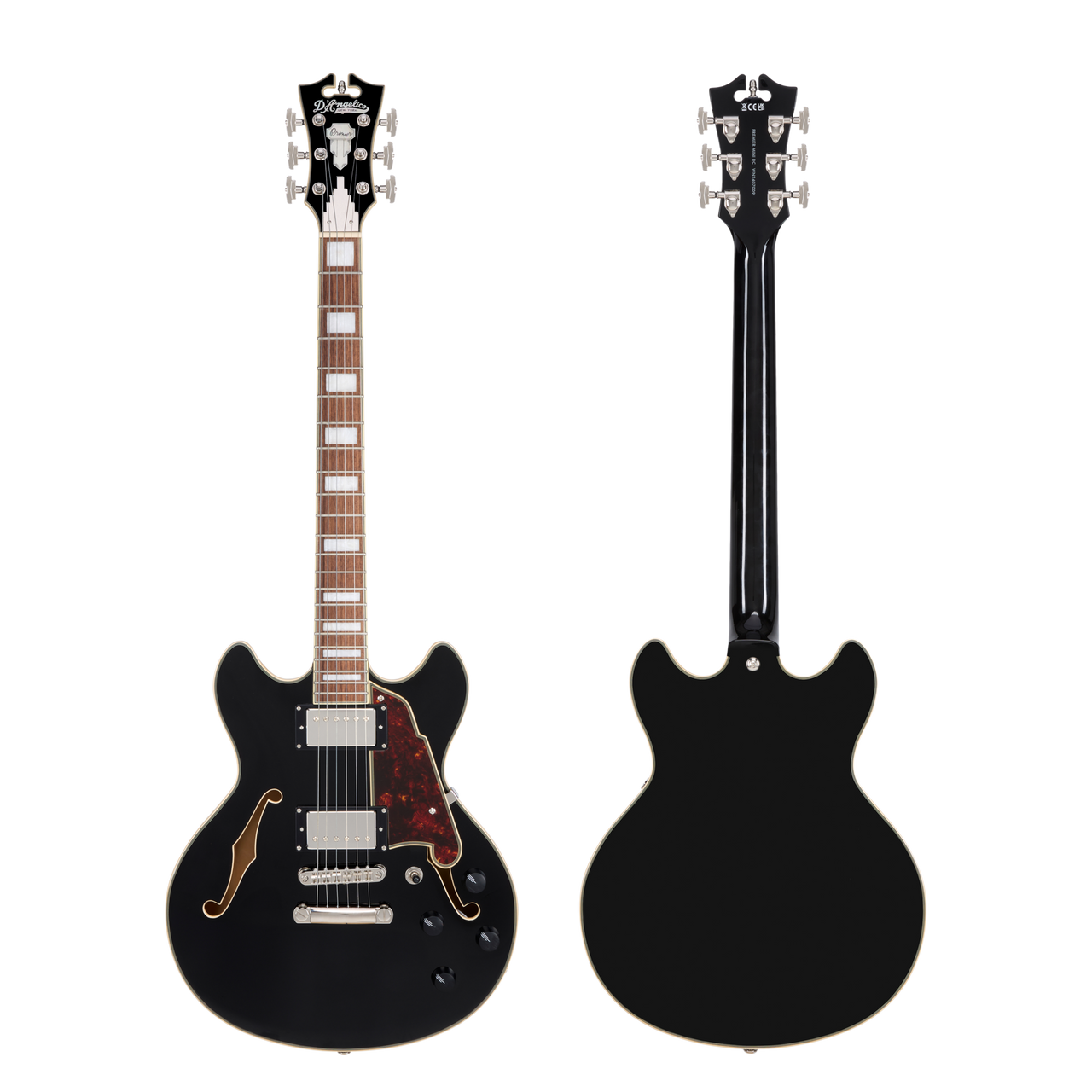 DÃ¢â‚¬â„¢Angelico Premier Mini DC - Black (DAPMDCSBKNS) featuring a compact semi-hollow double-cut design, stop-bar tailpiece, dual humbuckers, and a rich versatile tone.