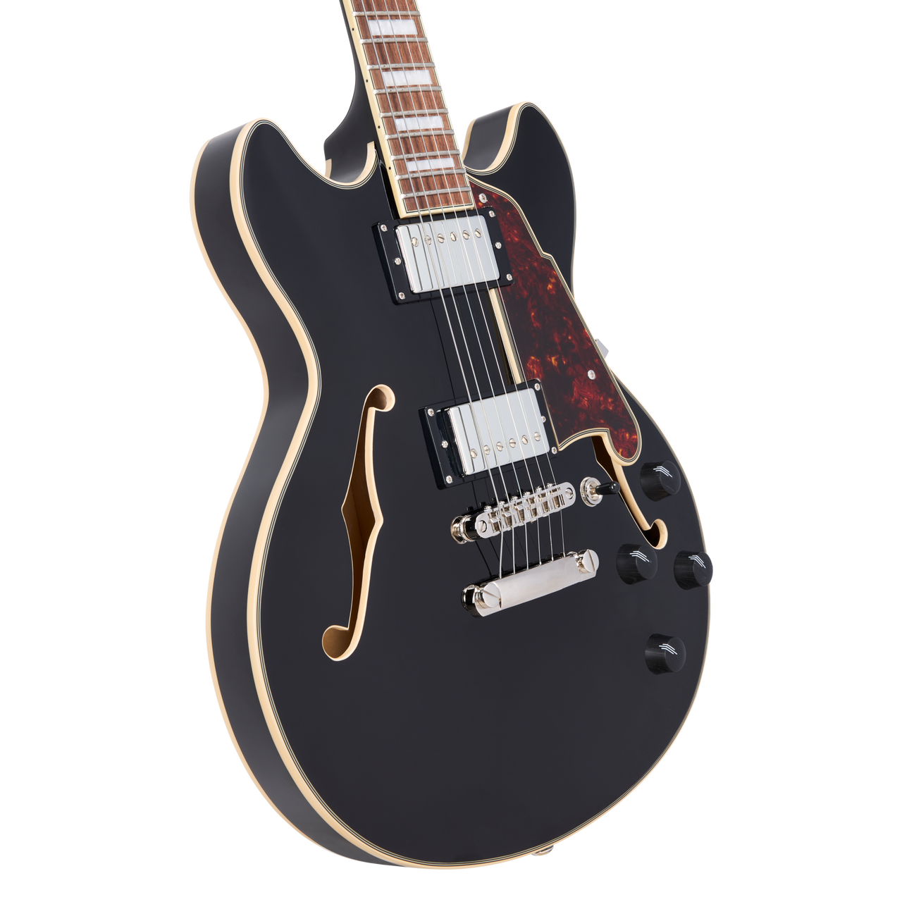 Dâ€™Angelico Premier Mini DC - Black (DAPMDCSBKNS) featuring a compact semi-hollow double-cut design, stop-bar tailpiece, dual humbuckers, and a rich versatile tone.